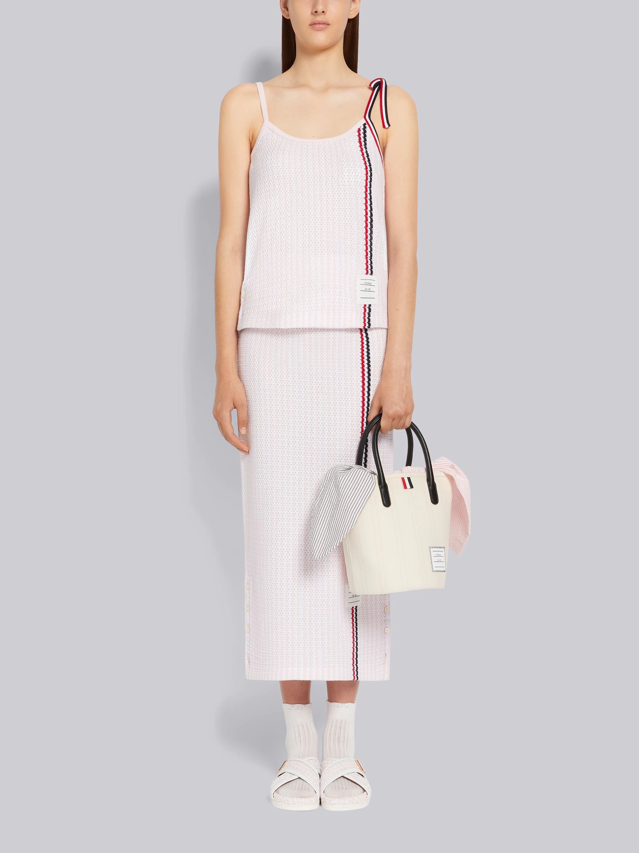 Light Pink University Stripe Cotton Tweed Engineered Stripe Tie Strap Camisole - 4