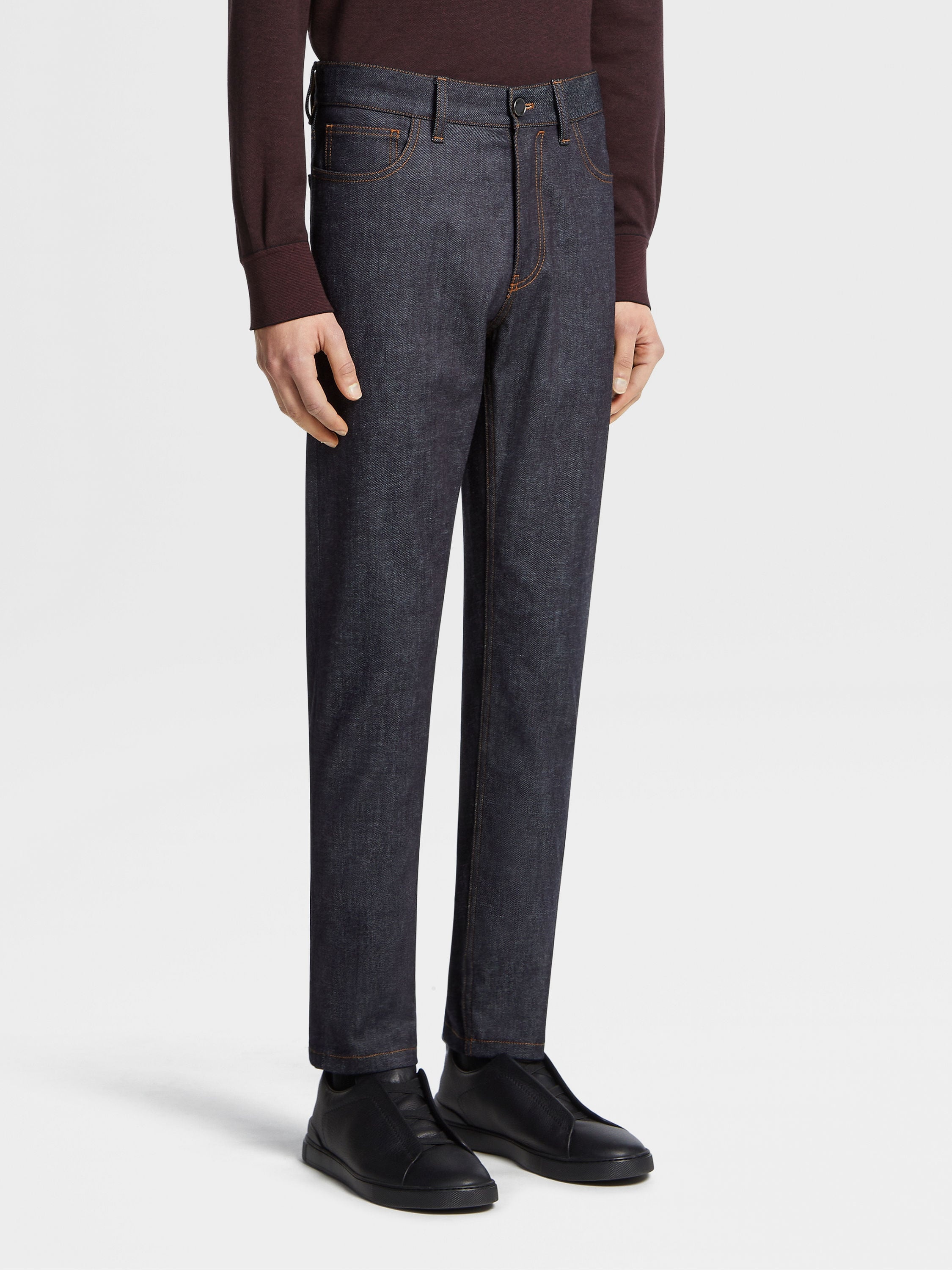 INK BLUE RINSE-WASHED COTTON AND CASHMERE ROCCIA JEANS - 2