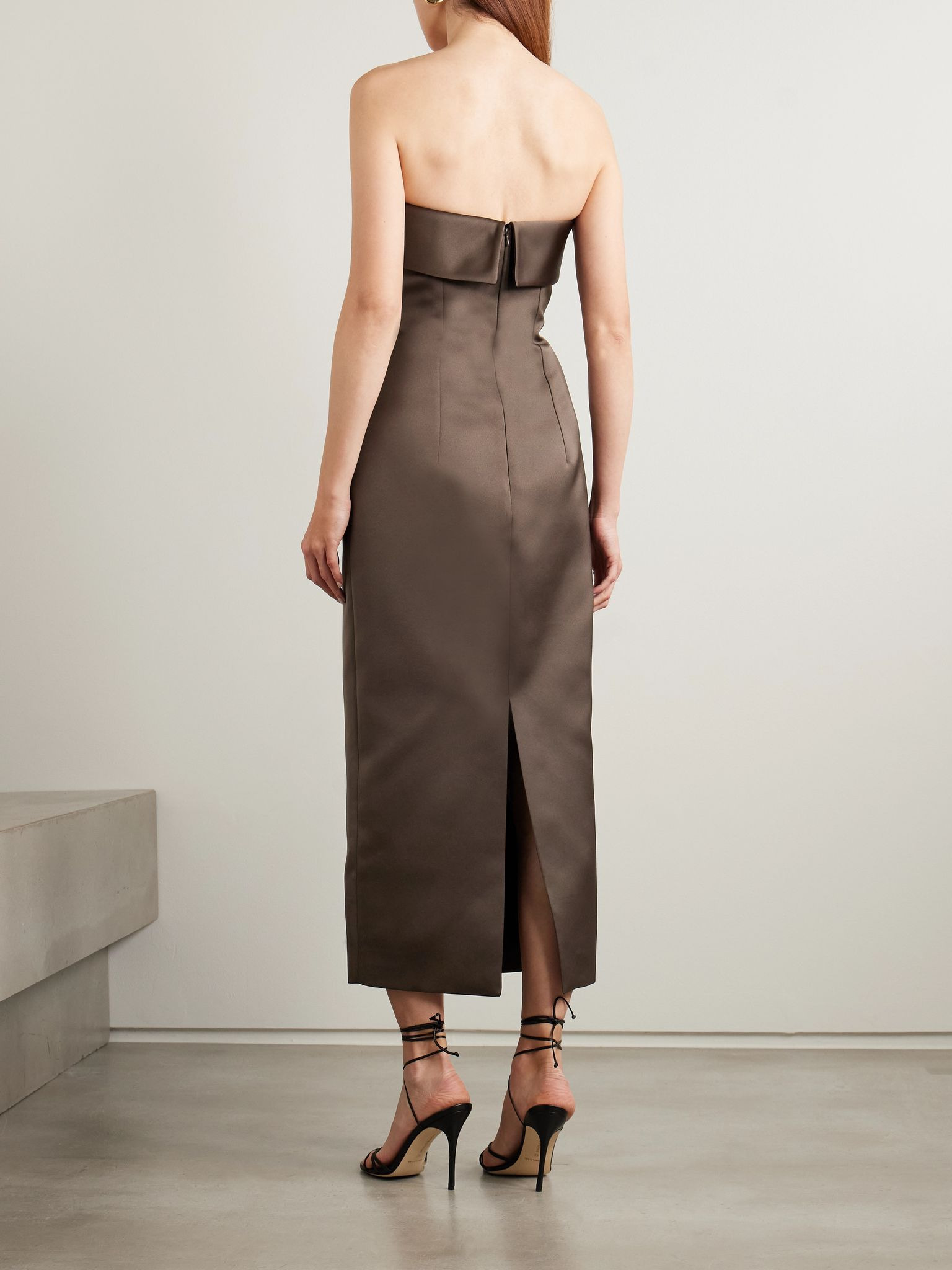Keeley Mudu strapless duchesse-satin midi dress Brown - 3