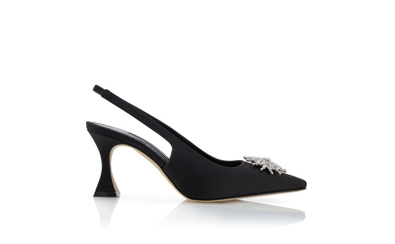 Black Satin Crystal Embellished Slingback Pumps 1