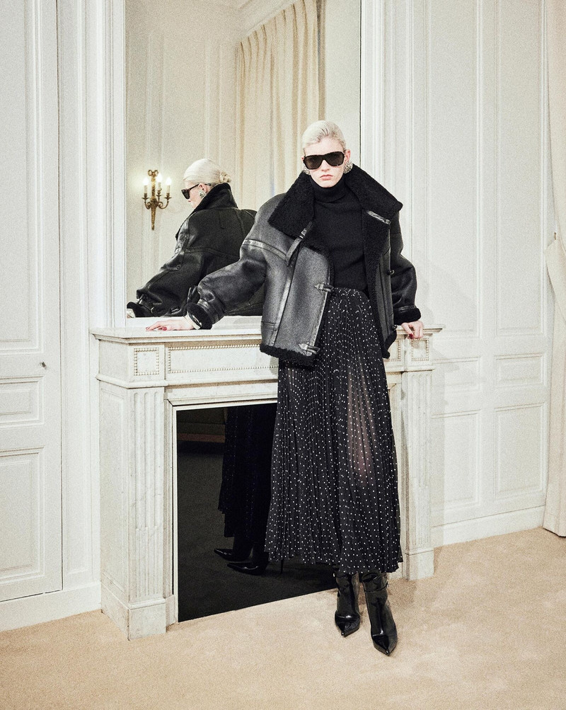 SAINT LAURENT long pleated skirt in polka-dot silk muslin outlook