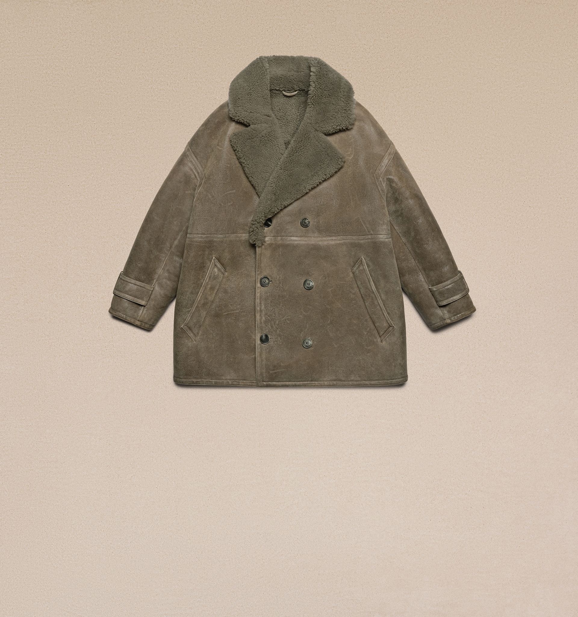 Reversible, double-breasted sheepskin pea coat