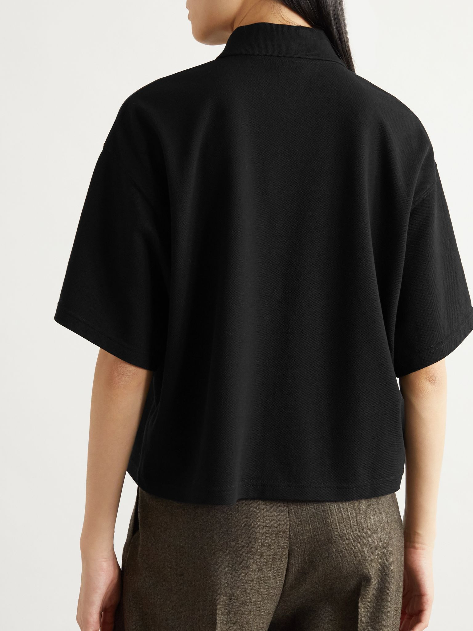 Oversized cotton-blend piqué polo top Black - 3