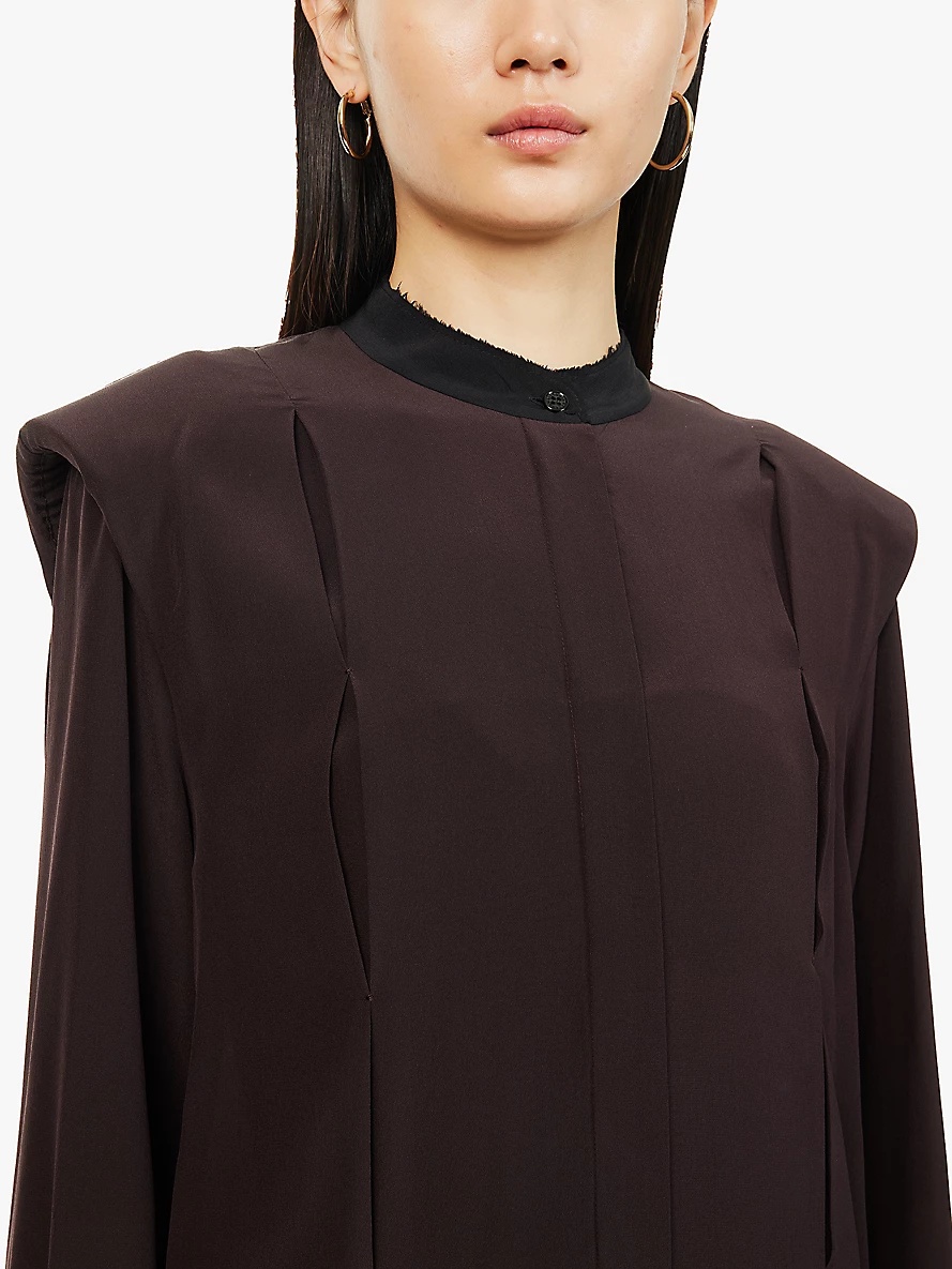 Contrast-collar padded-shoulders silk shirt - 5