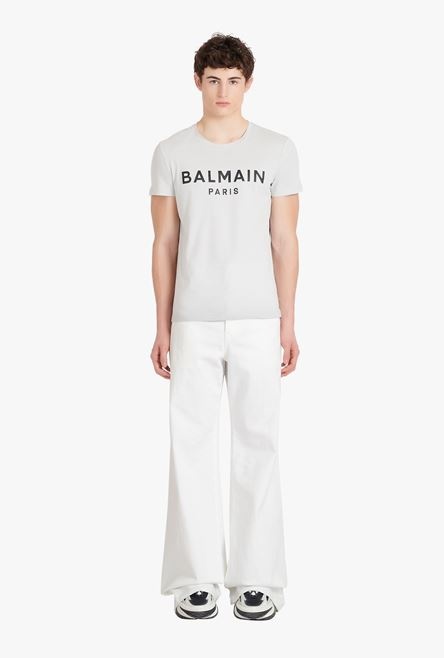 Light gray eco-designed cotton T-shirt with black Balmain Paris logo print - 4