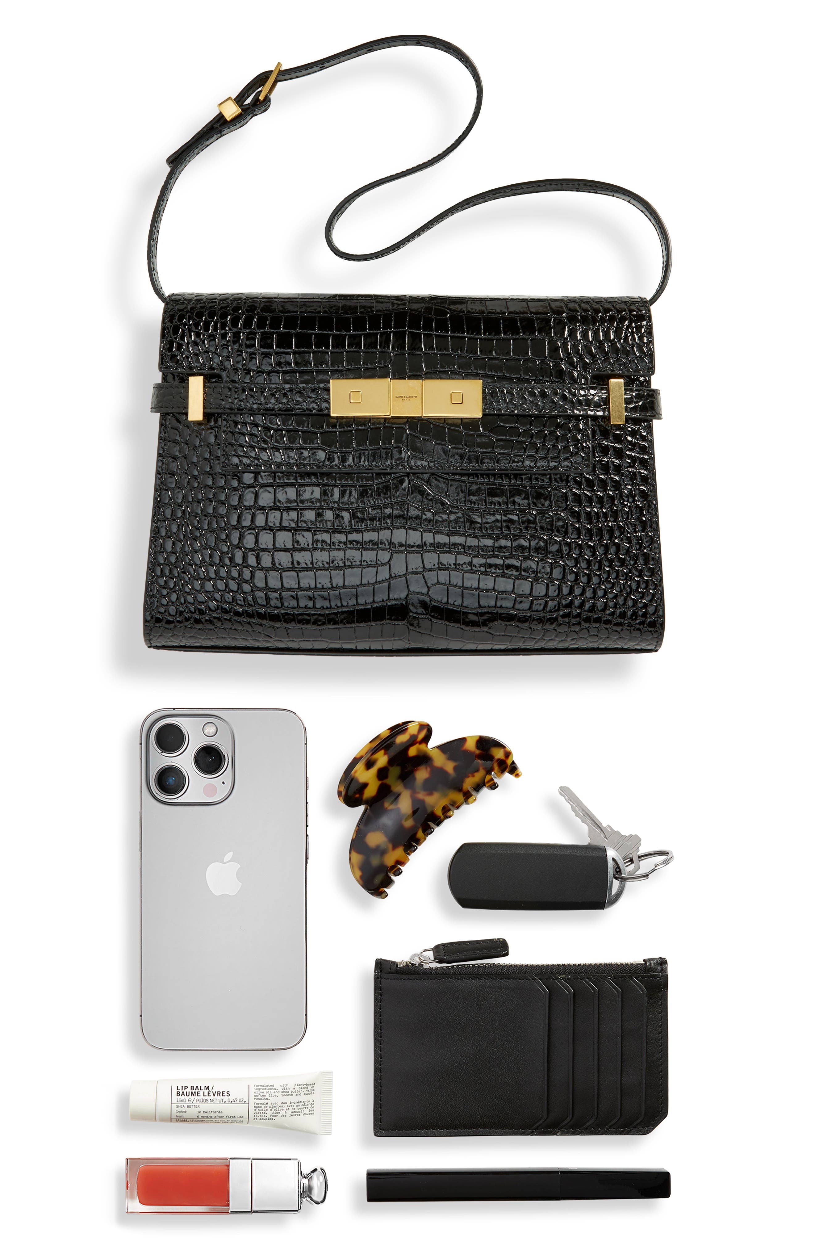 Saint Laurent Small Manhattan Croc Embossed Shoulder Bag in Noir at Nordstrom - 8