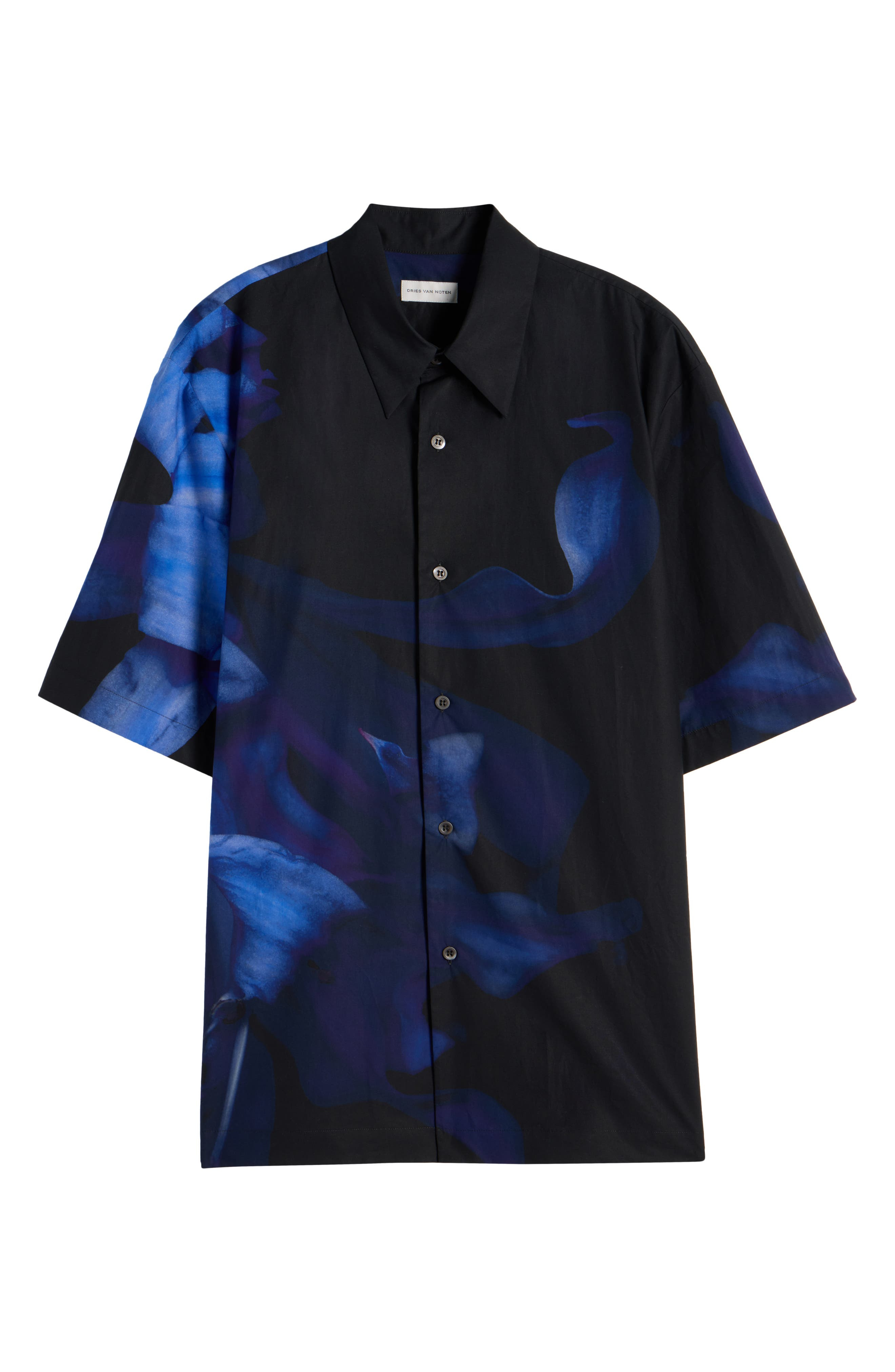 Dries Van Noten Clasen Floral Cotton Poplin Sleeve Silk Button-Up Shirt in Black at Nordstrom - 6
