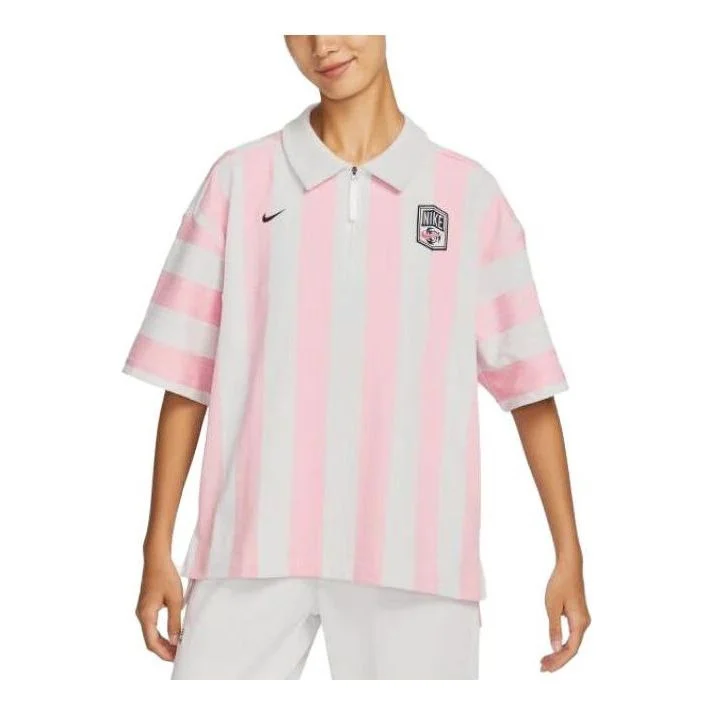 (WMNS) Nike SportWear Turn-down Collar Short-Sleeve T-Shirt 'Pink White' FQ0701-122 - 1