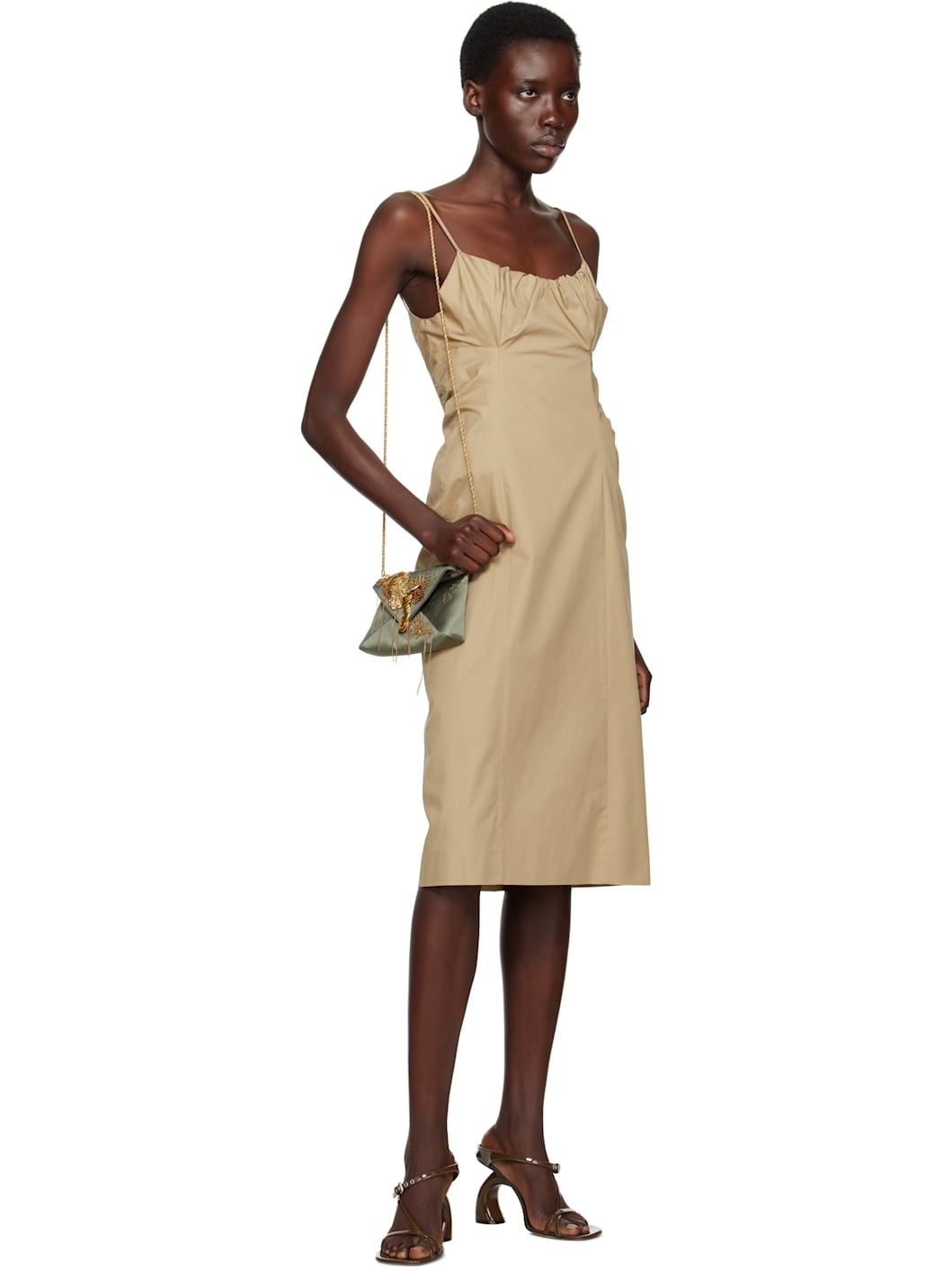 Beige Gathered Midi Dress - 4