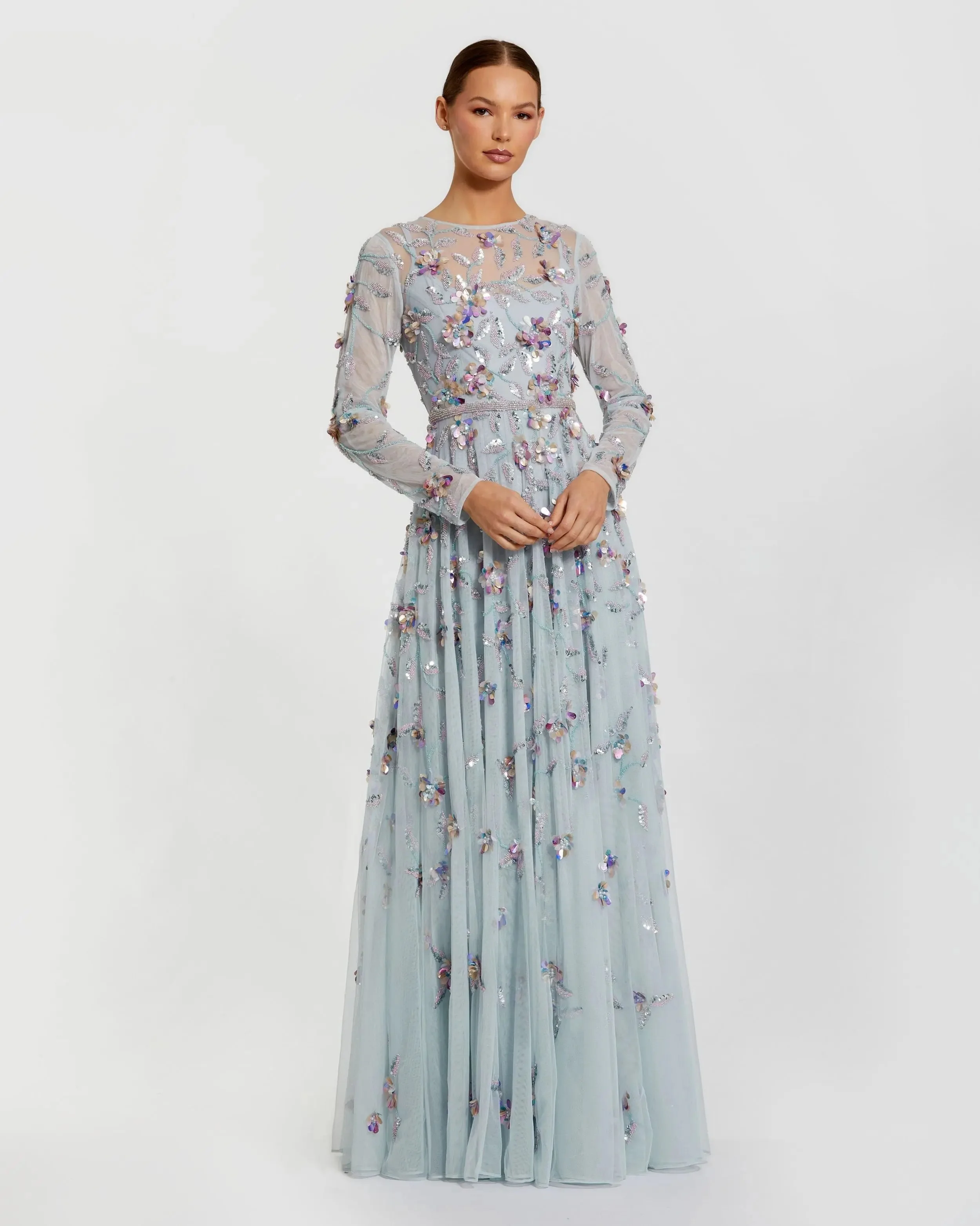 Light Blue Floral Embellished Evening Gown - 1