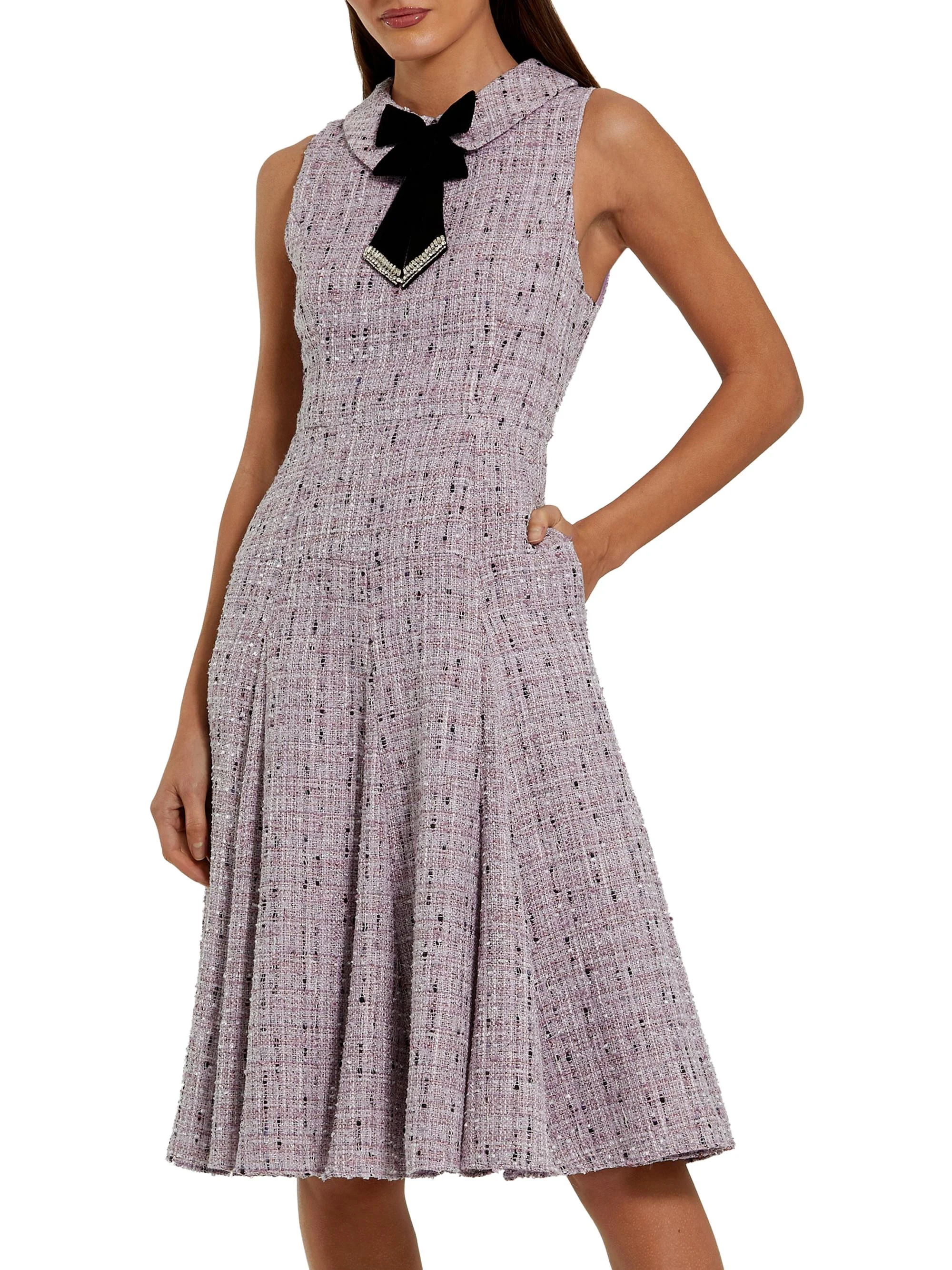 Women's Sleeveless Bouclé Midi-Dress With Bow - Lilac Multi - 1