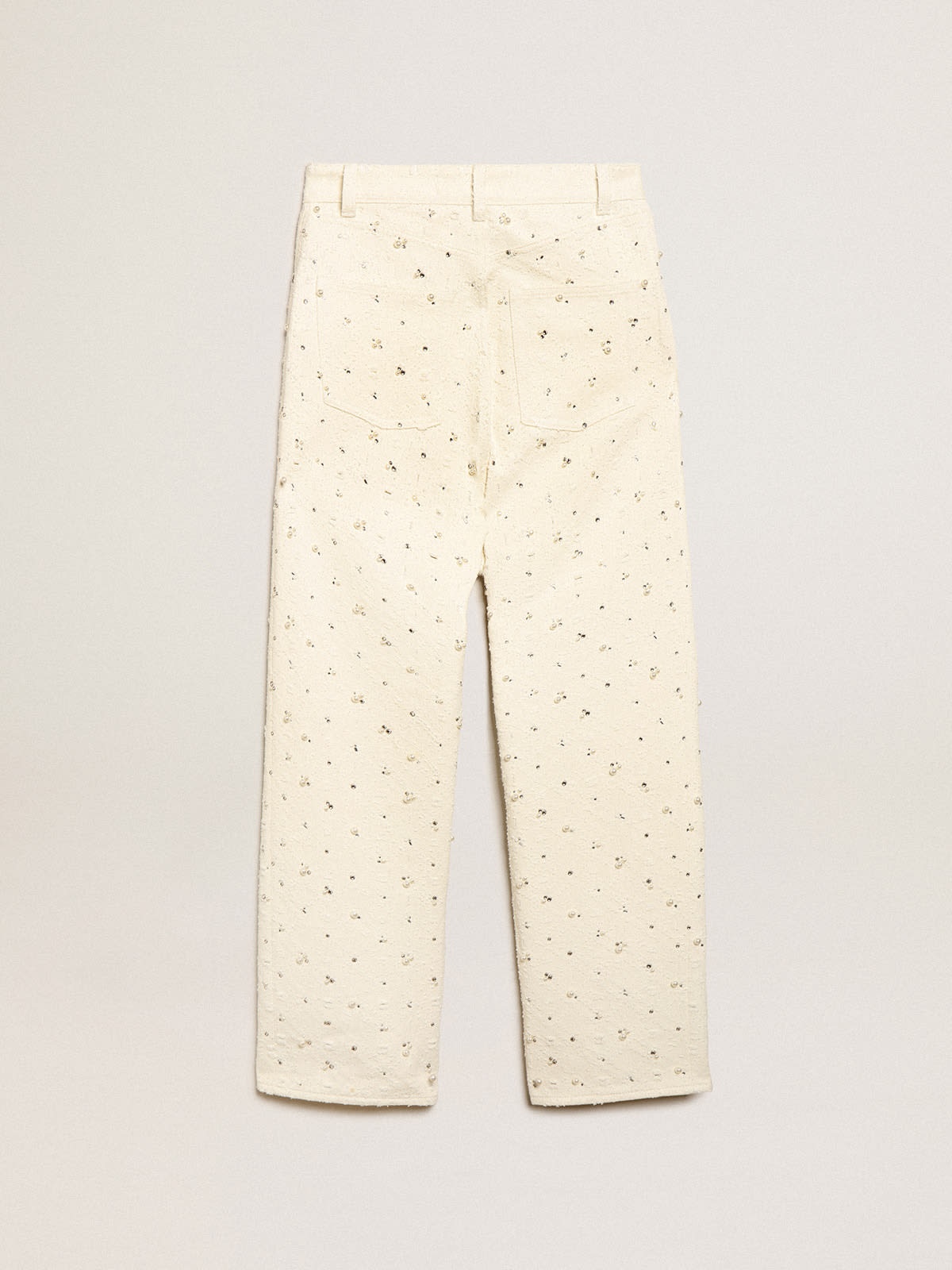 Journey Collection Kim jeans in off-white cotton with diamond patterns and the addition of beads and - 6