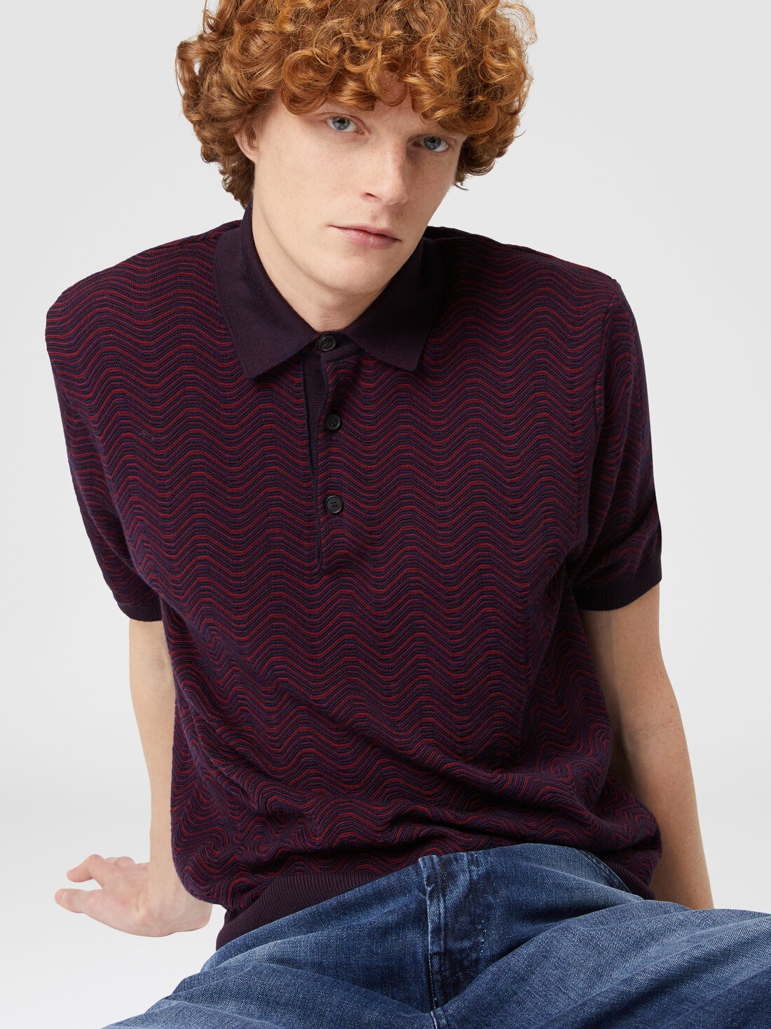 Virgin wool and viscose polo shirt with wave motif - 4