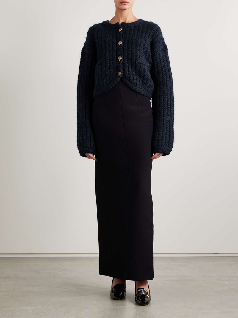 KHAITE Balser cable-knit cashmere and mohair-blend cardigan Navy outlook