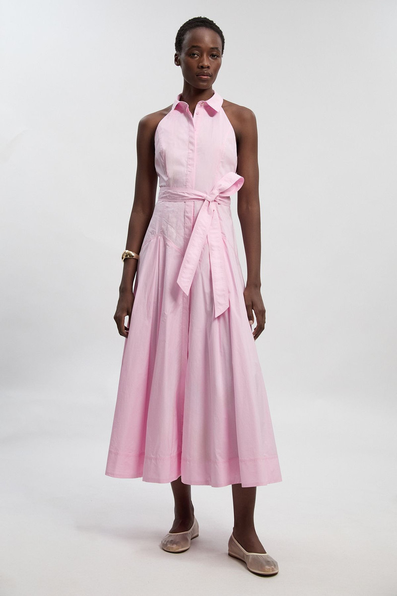 KAREN MILLEN Cotton Collared Halter Neck Woven Midi Shirt Dress With Dropped Waist Detail outlook