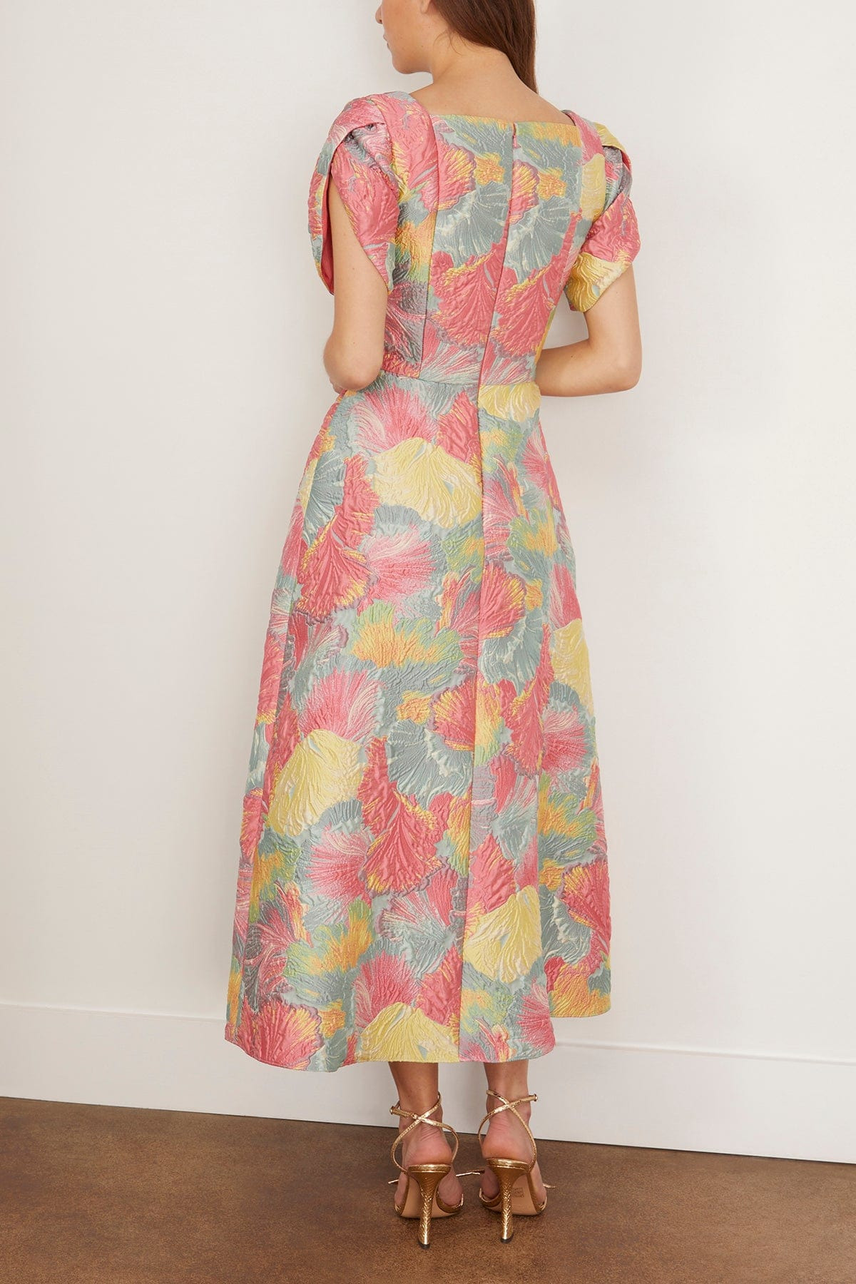 Astrid Square Neck Midi Dress with Petal Sleeve in Sherbert Floral Brocade - 4