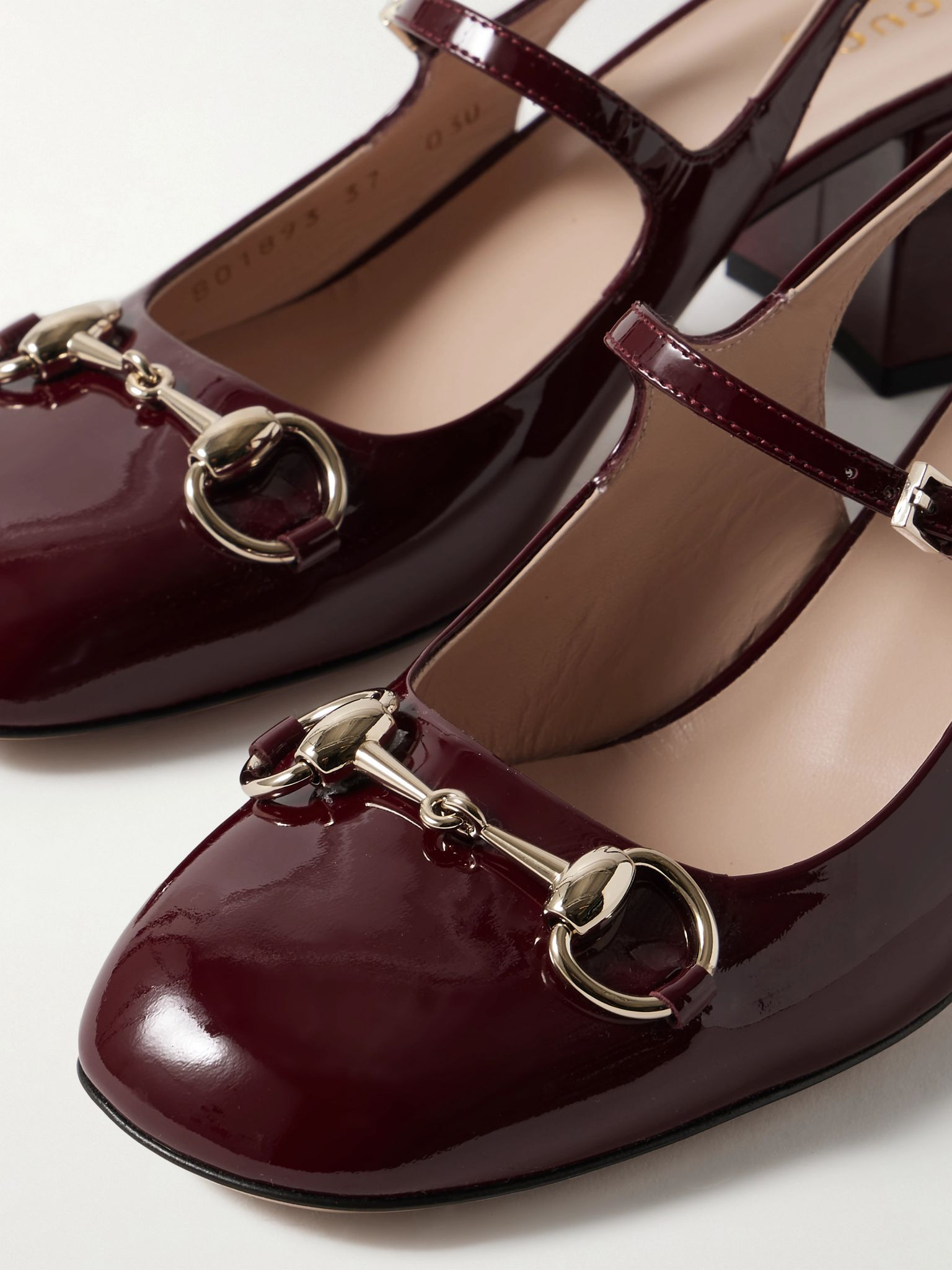 Lady horsebit-detailed patent-leather Mary Jane pumps Burgundy - 4