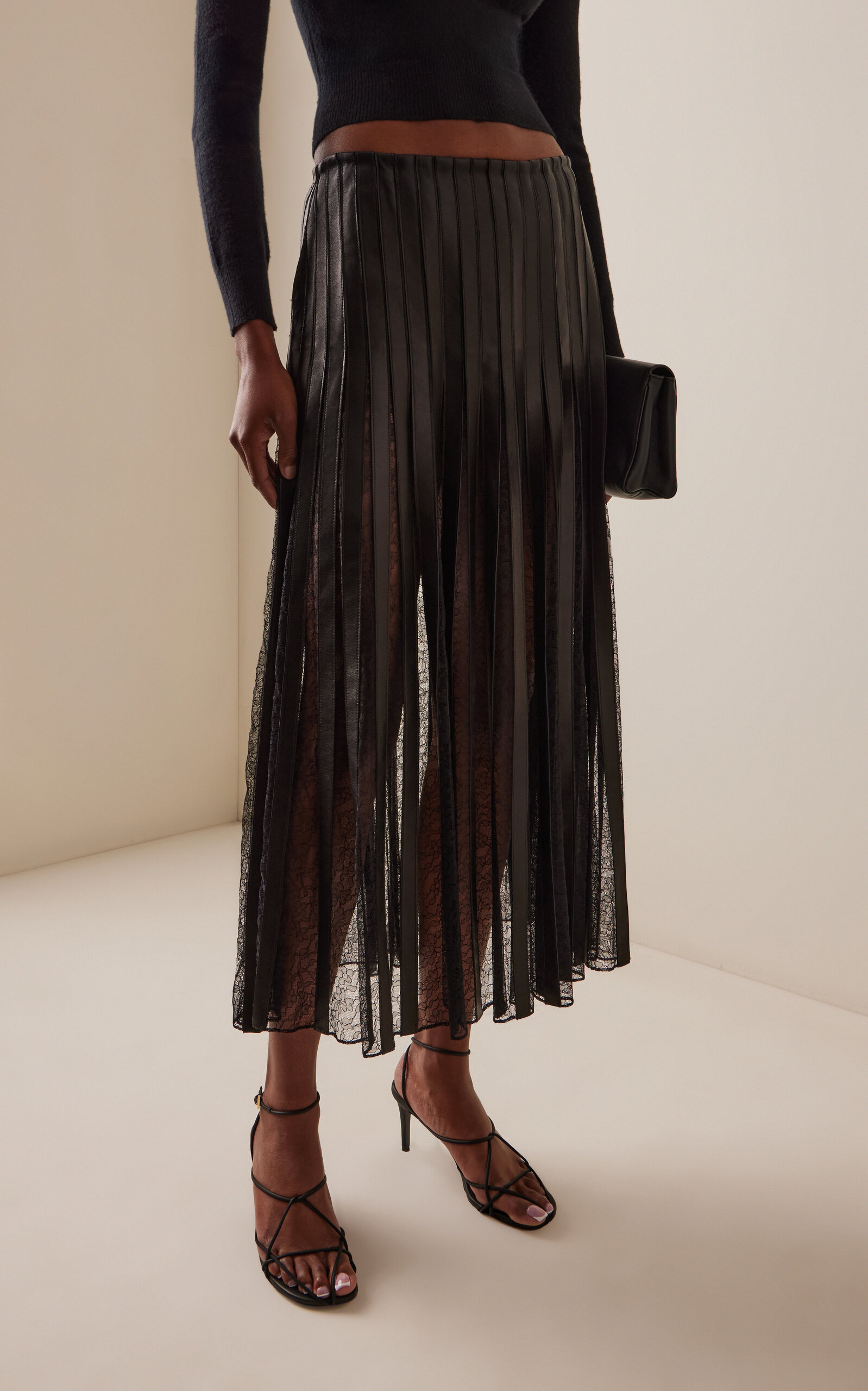 The Alix Strip-Detailed Leather Midi Skirt black - 3