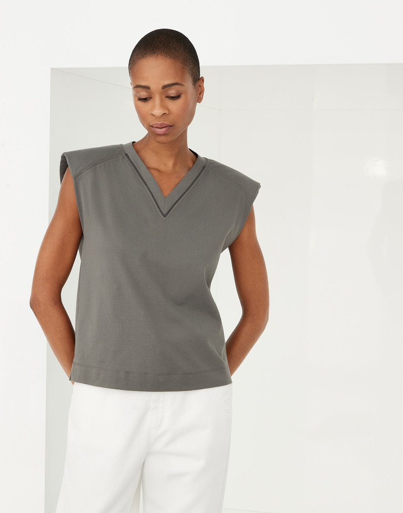 Cotton jersey T-shirt with padded shoulder and shiny neckline 1