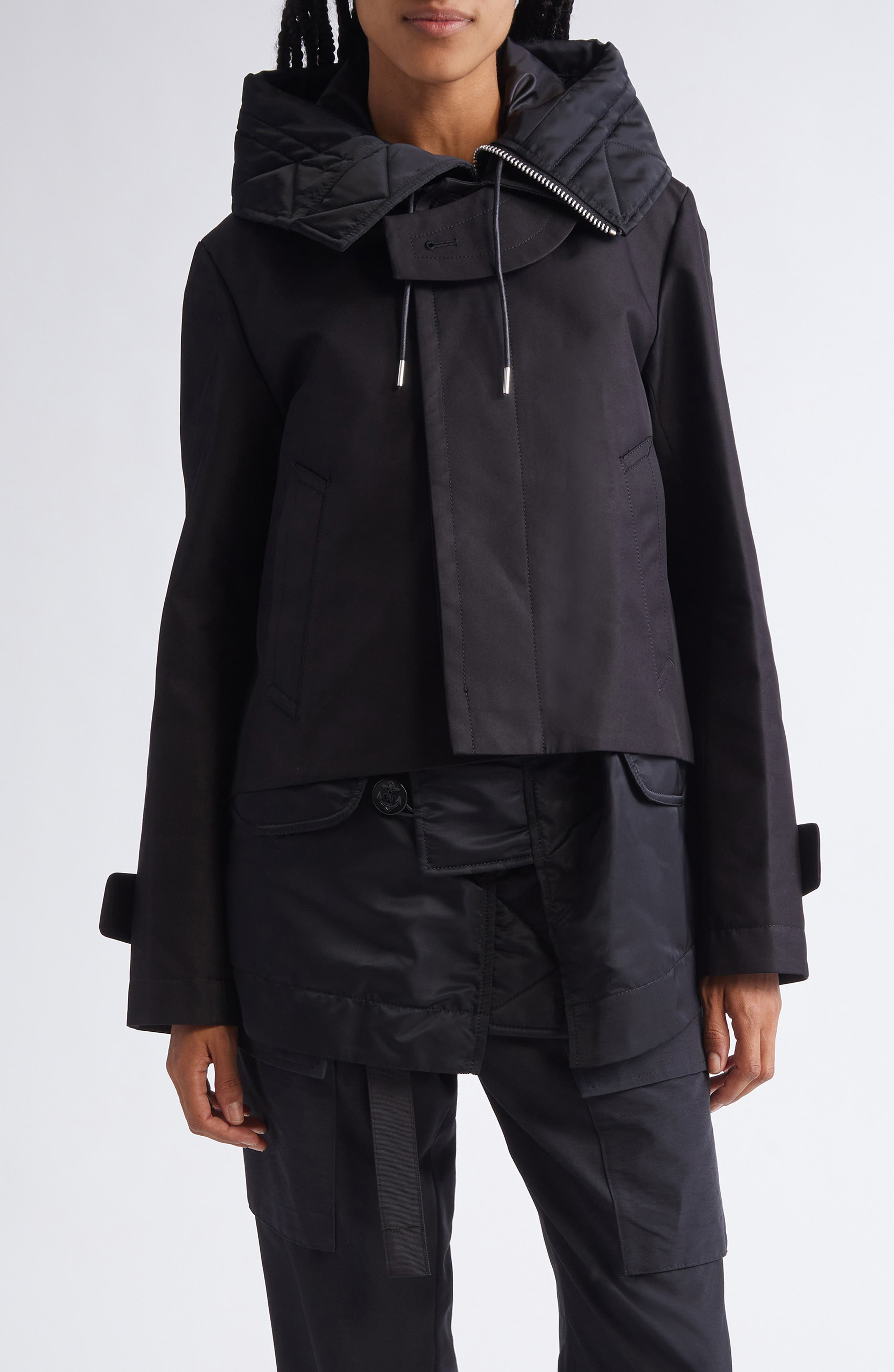 Sacai Hooded Mixed Media Jacket in Black at Nordstrom - 1