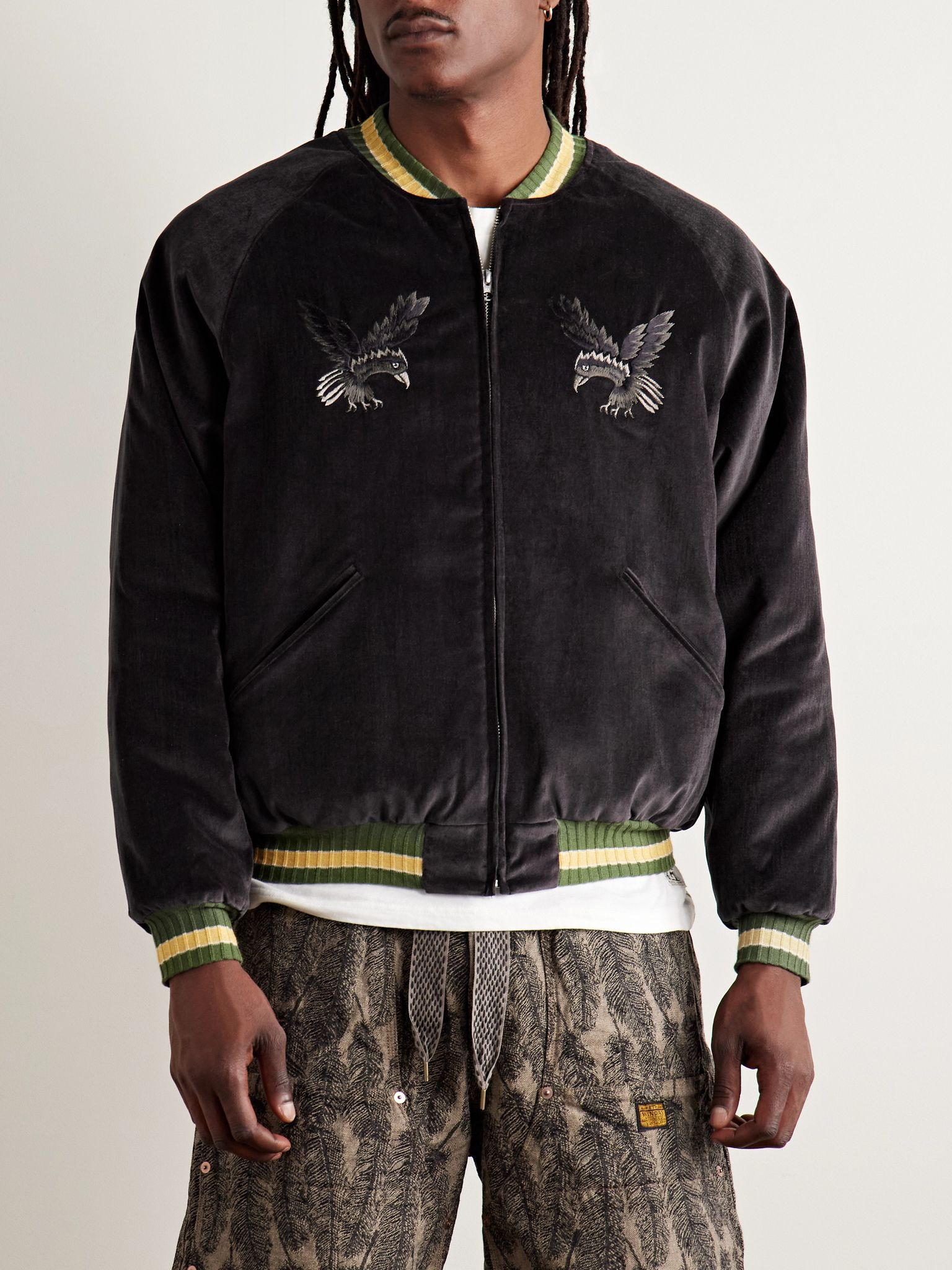 Souvenir Padded Embroidered Cotton-Velvet Bomber Jacket Black - 3