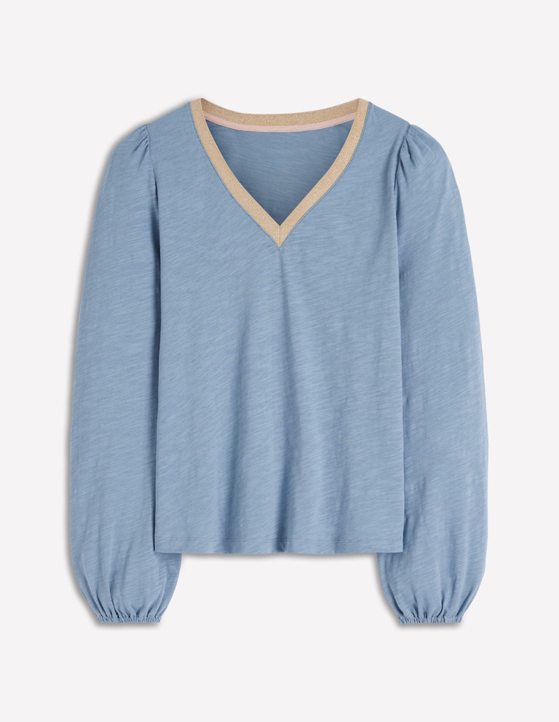 Metallic Trim V-neck Top-French Blue 1