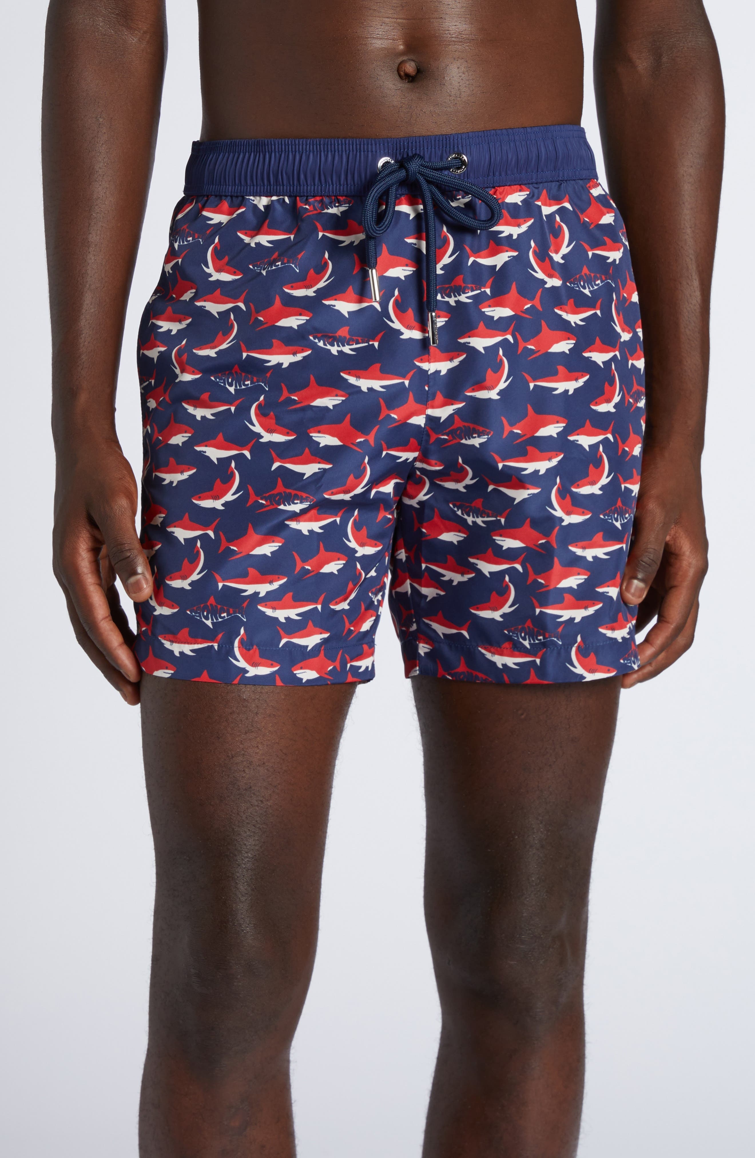 Moncler Shark Print Swim Trunks in Navy Blue at Nordstrom - 1