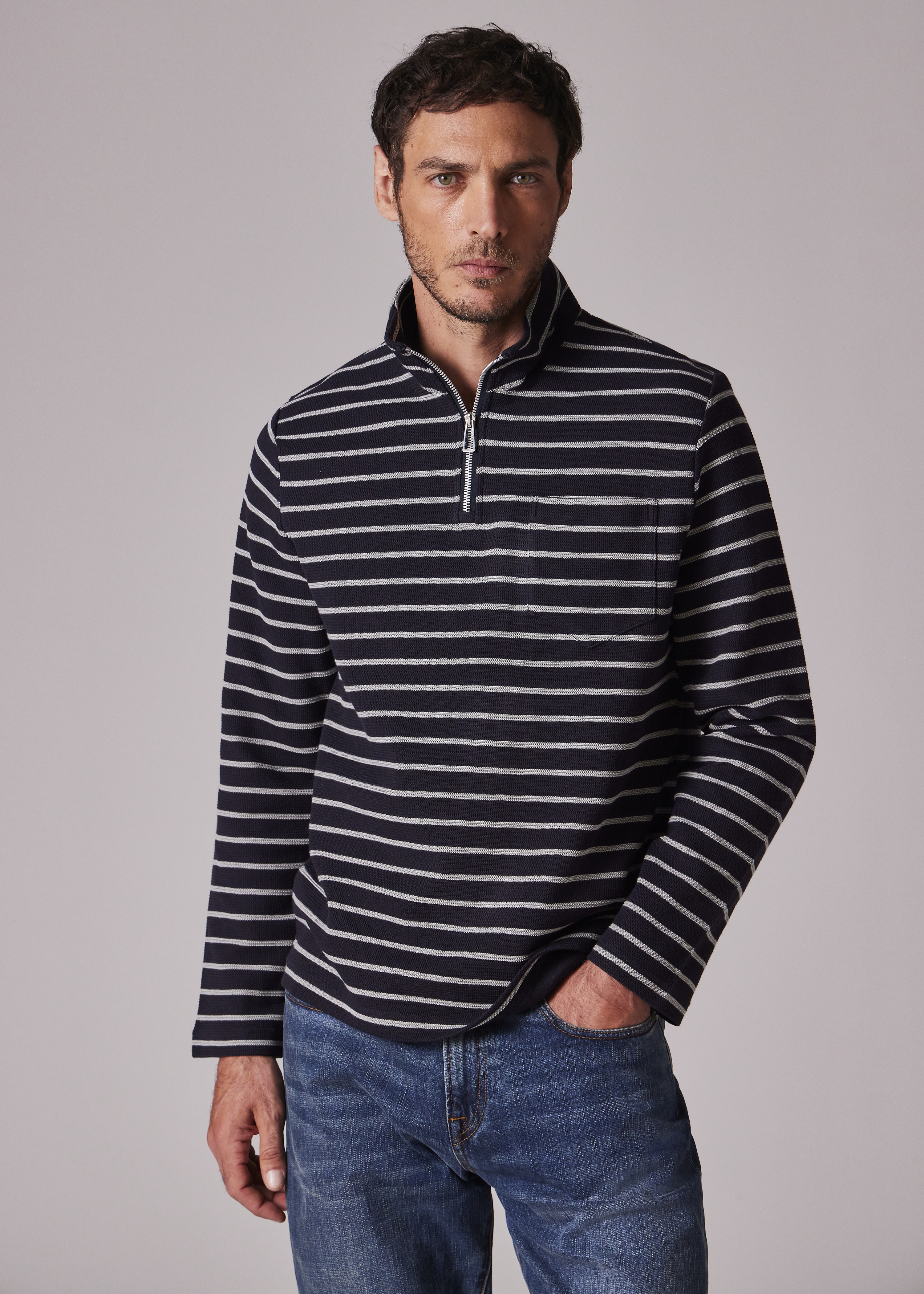 Navy Textured Stripe Zip Neck Sweatshirt - 4