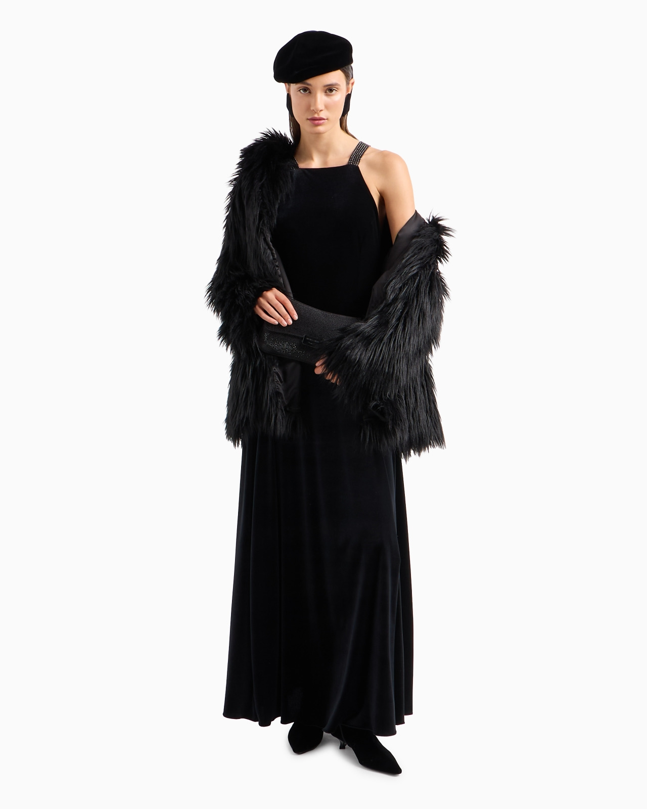 Chenille jersey long dress with rhinestone shoulder straps - 4