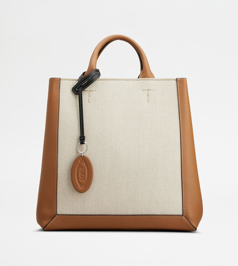 TOD'S DOUBLE UP SHOPPING BAG IN LEATHER AND CANVAS MEDIUM - BROWN, OFF WHITE 1