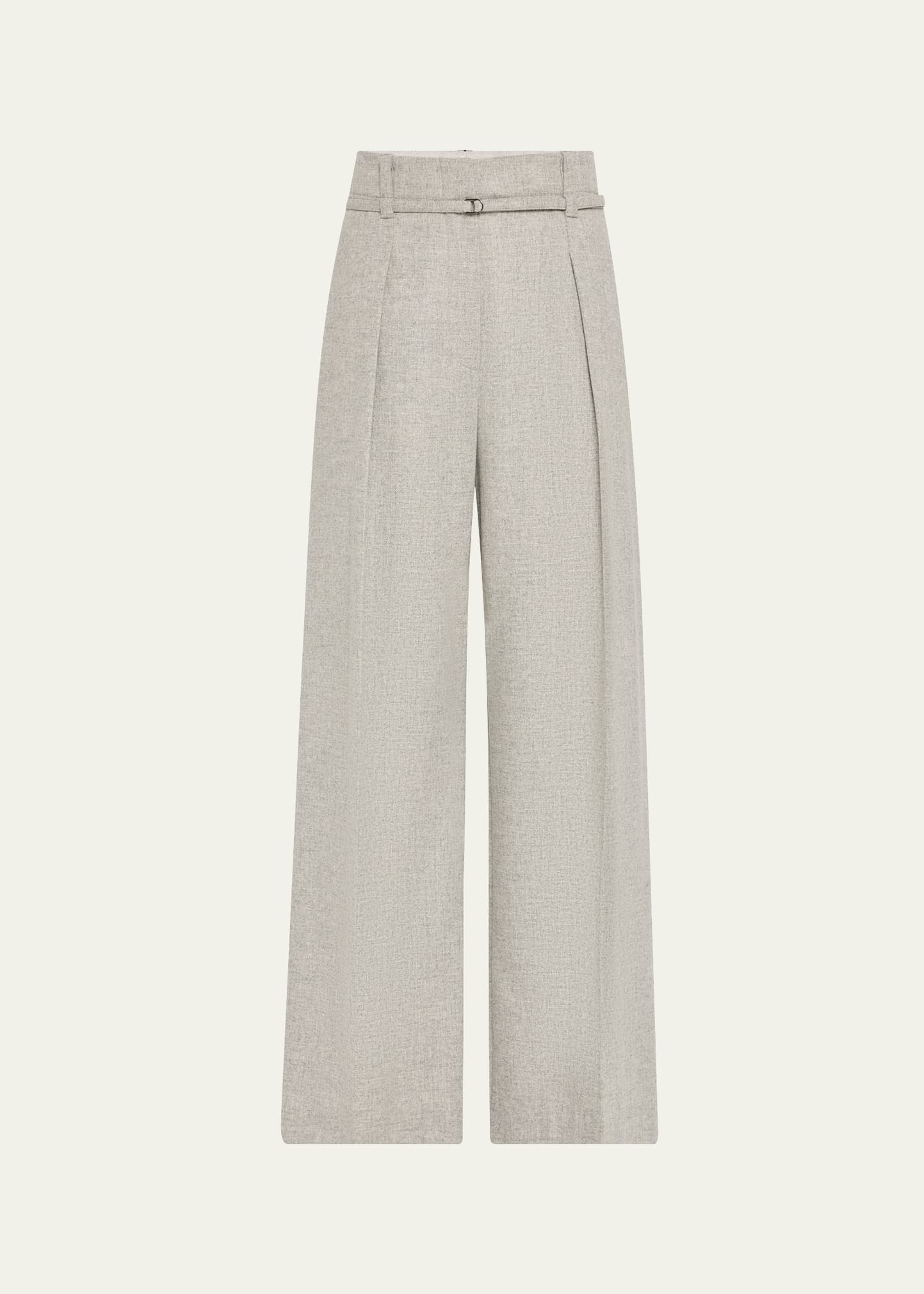 Cashmere-Wool Flannel Wide Sartorial Pants With Belt - 1