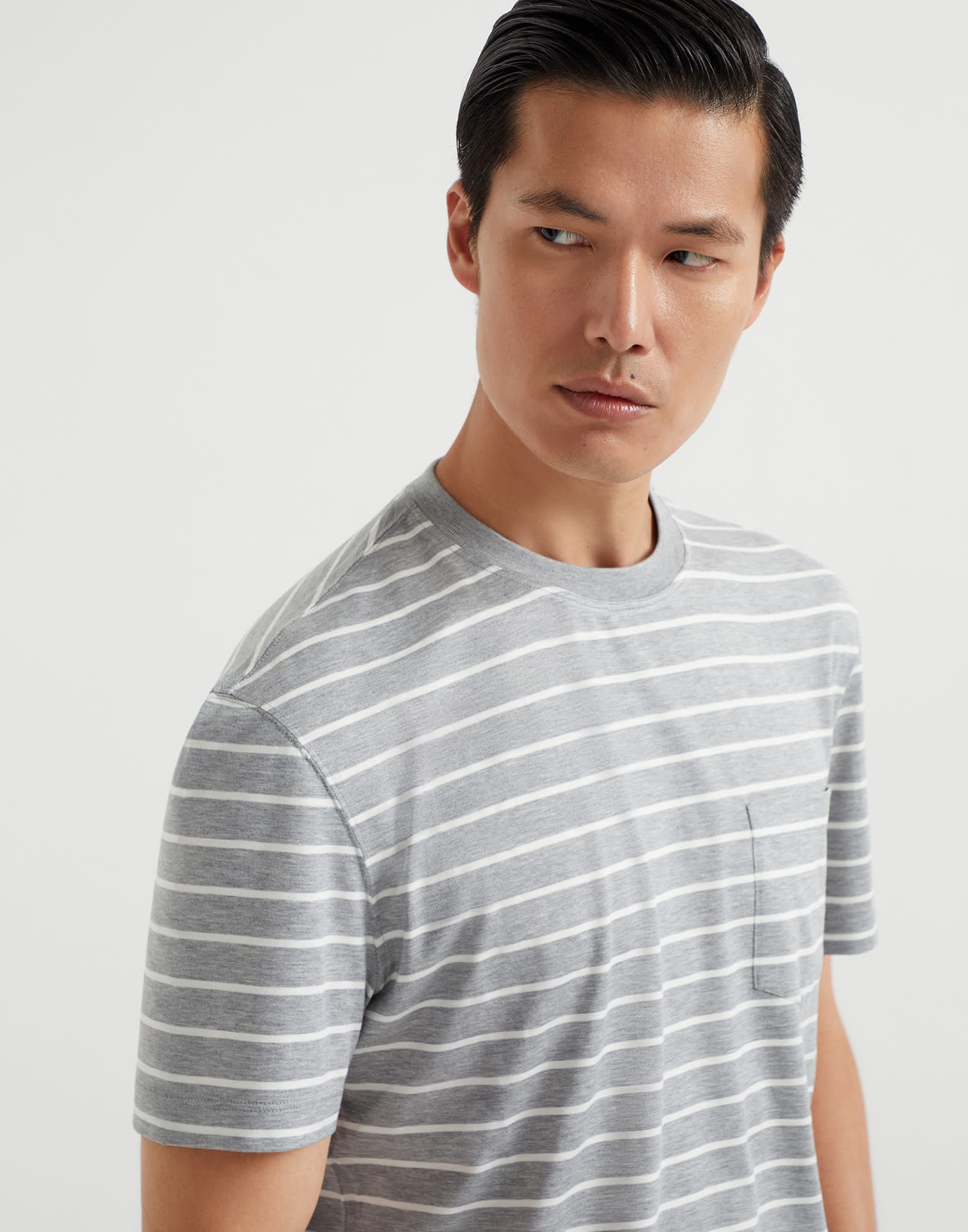 Silk and cotton striped jersey crew neck T-shirt with chest pocket - 7
