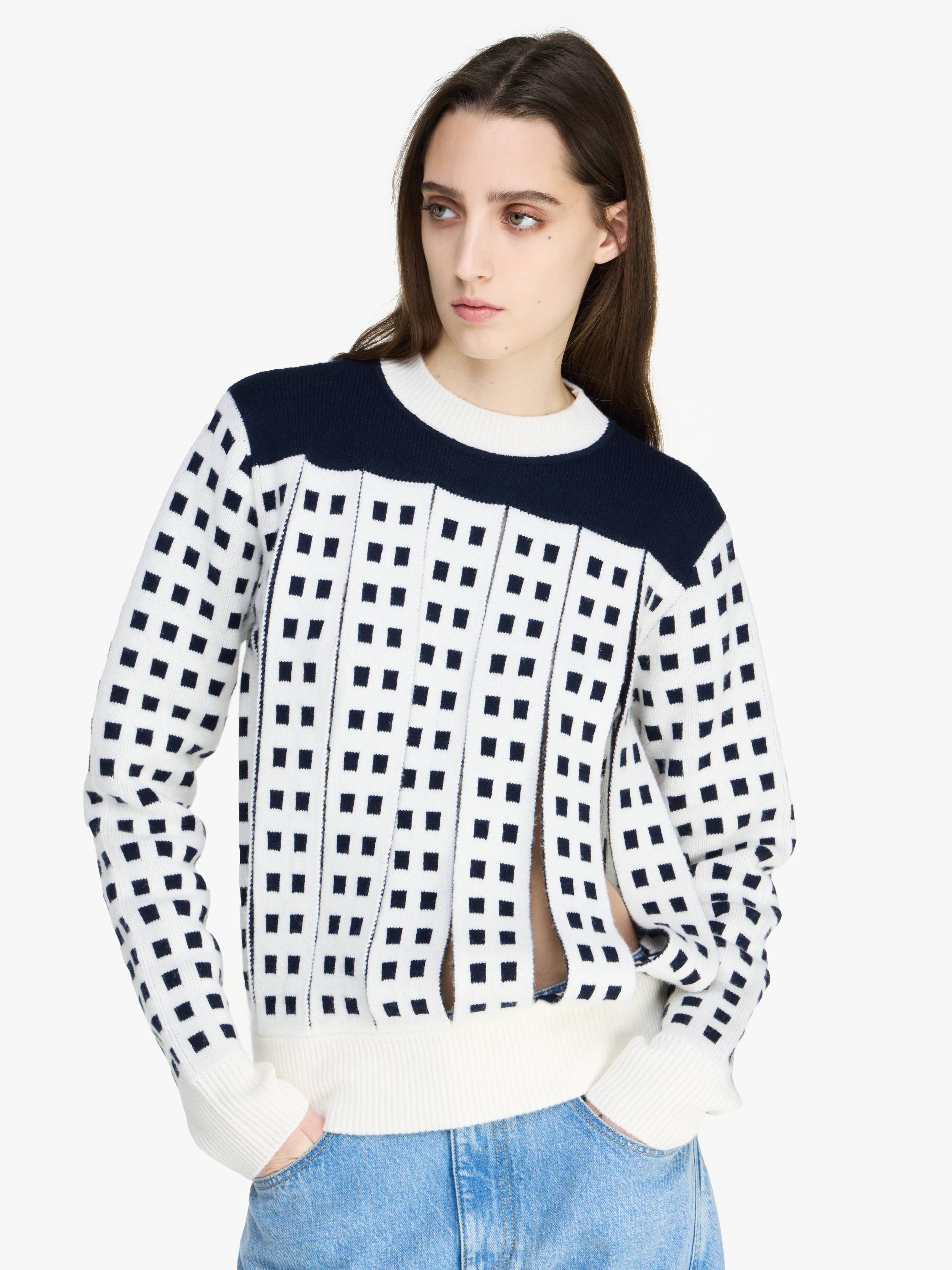 JACQUARD PANEL SLIT SWEATER - 4