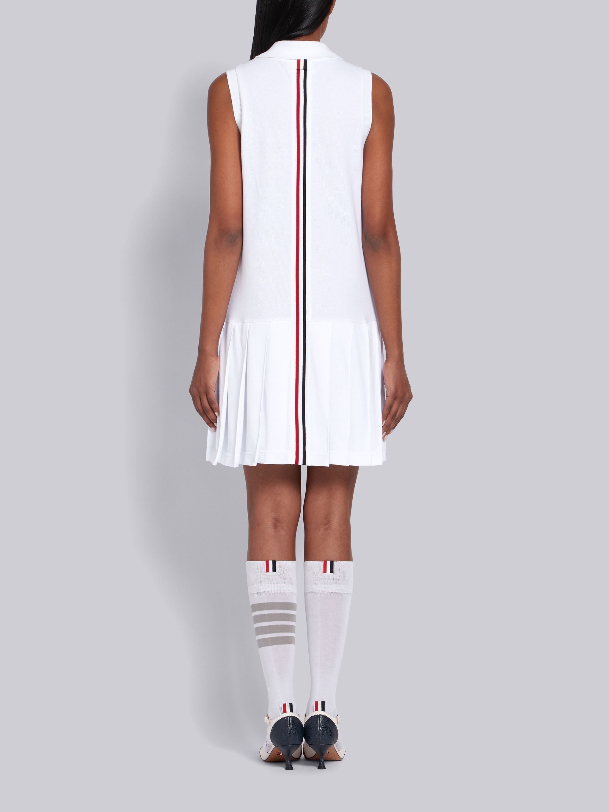 White Pique Center Back RWB Stripe Sleeveless Pleated Tennis Dress - 3