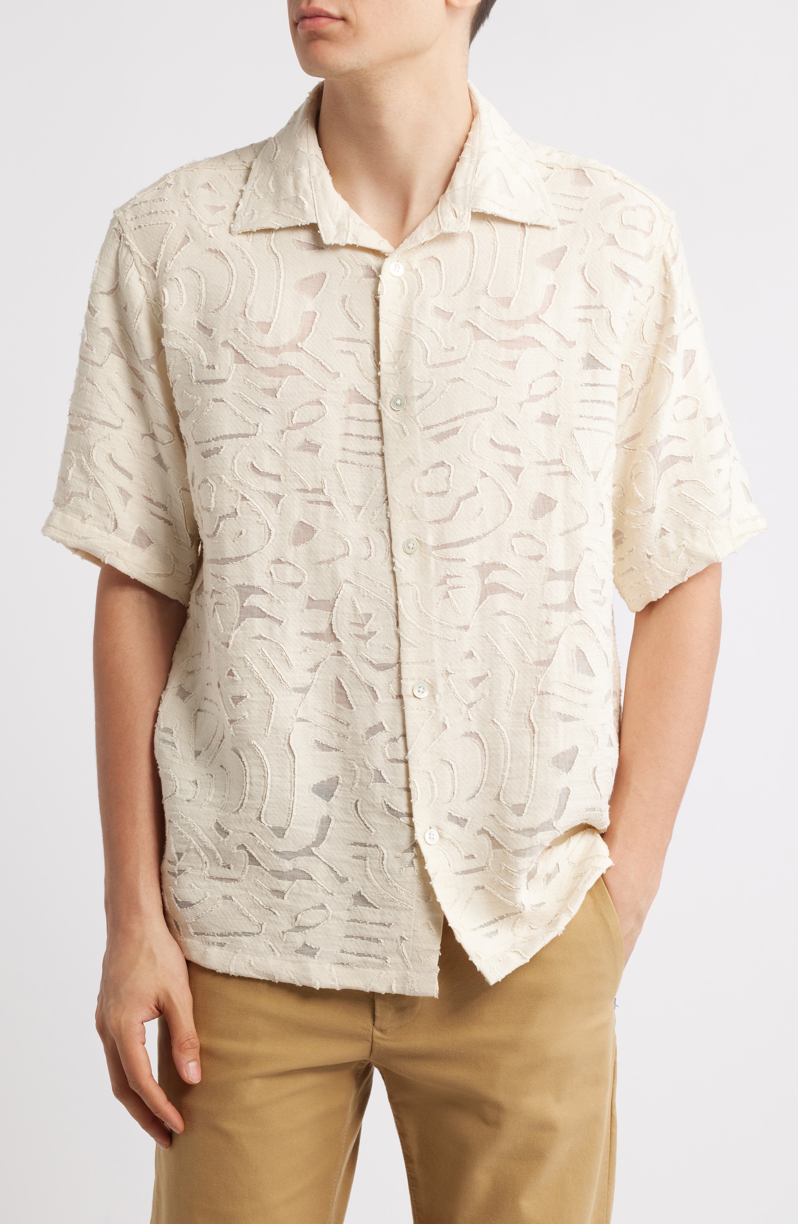 NN07 Freddy Fil Coupé Short Sleeve Button-Up Shirt in Ivory at Nordstrom - 1