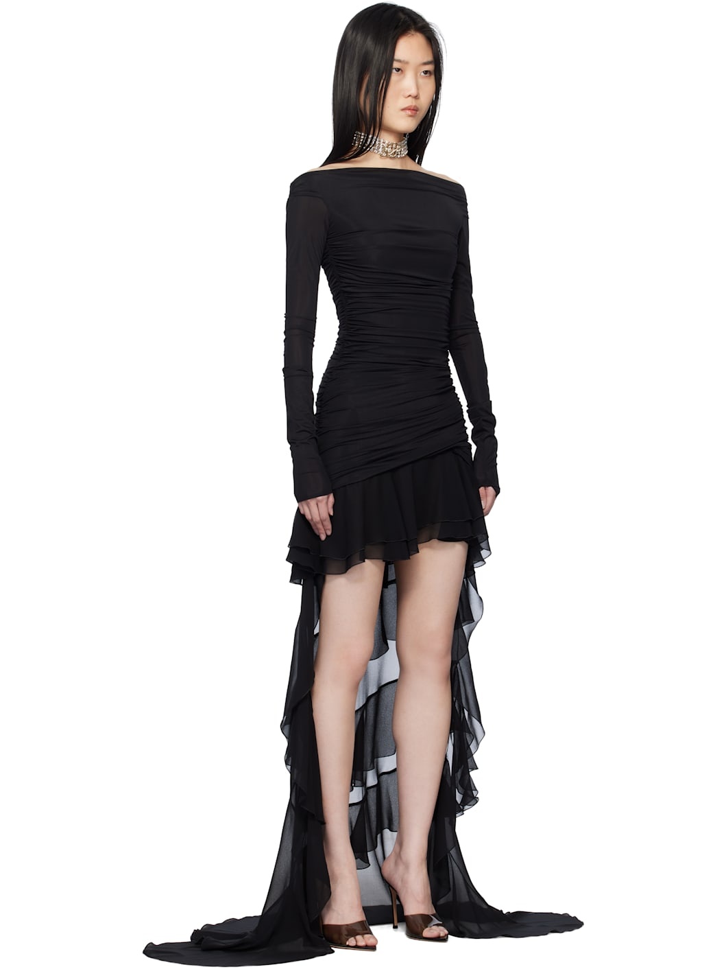 Black Chiffon Train Minidress - 2