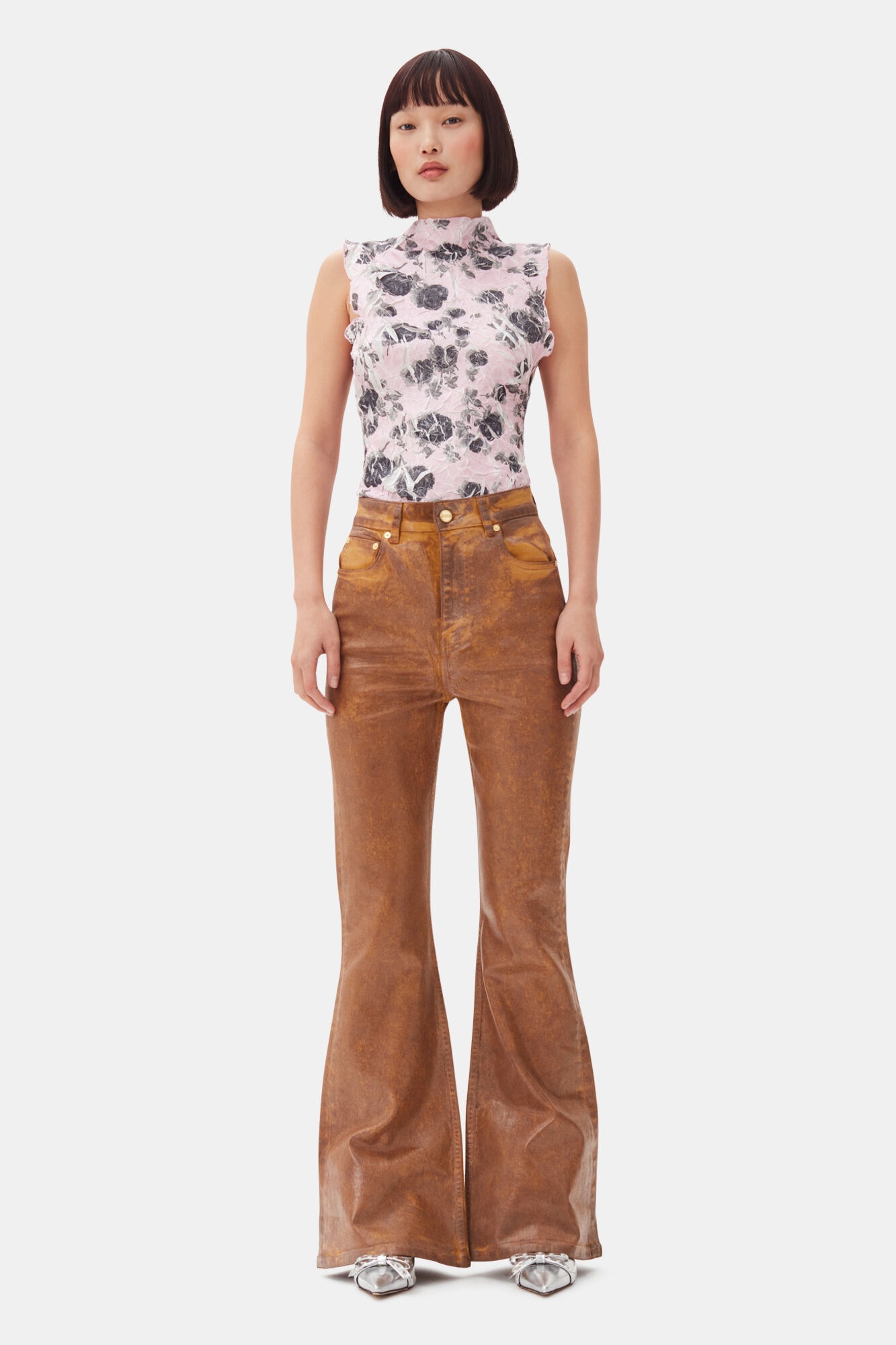BROWN FOIL FLARED JEANS - 2