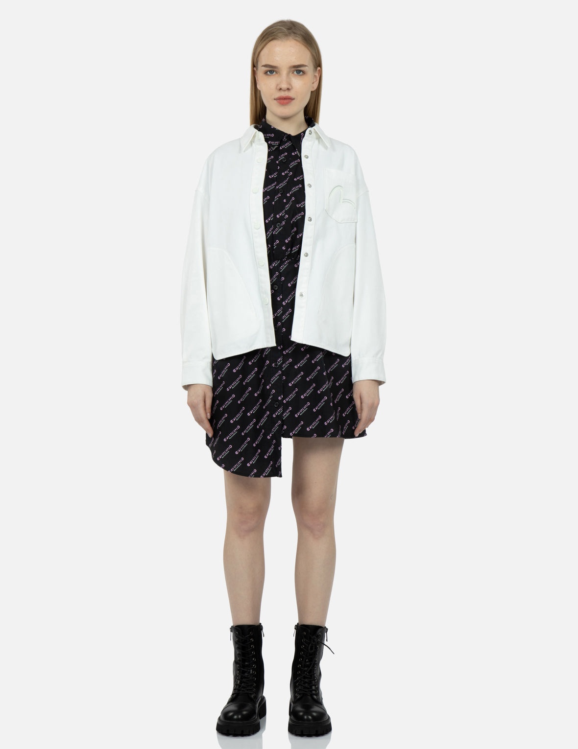 Double Tone Kamon Print Denim Shirt - 6
