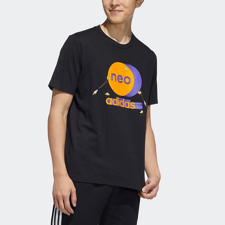 Men's adidas neo Colorblock Pattern Ribbed Round Neck Cotton Short Sleeve Black T-Shirt HC9697 - 4