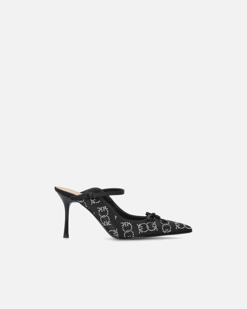 RHINESTONED SATIN SLIP-ONS WITH HEEL 1