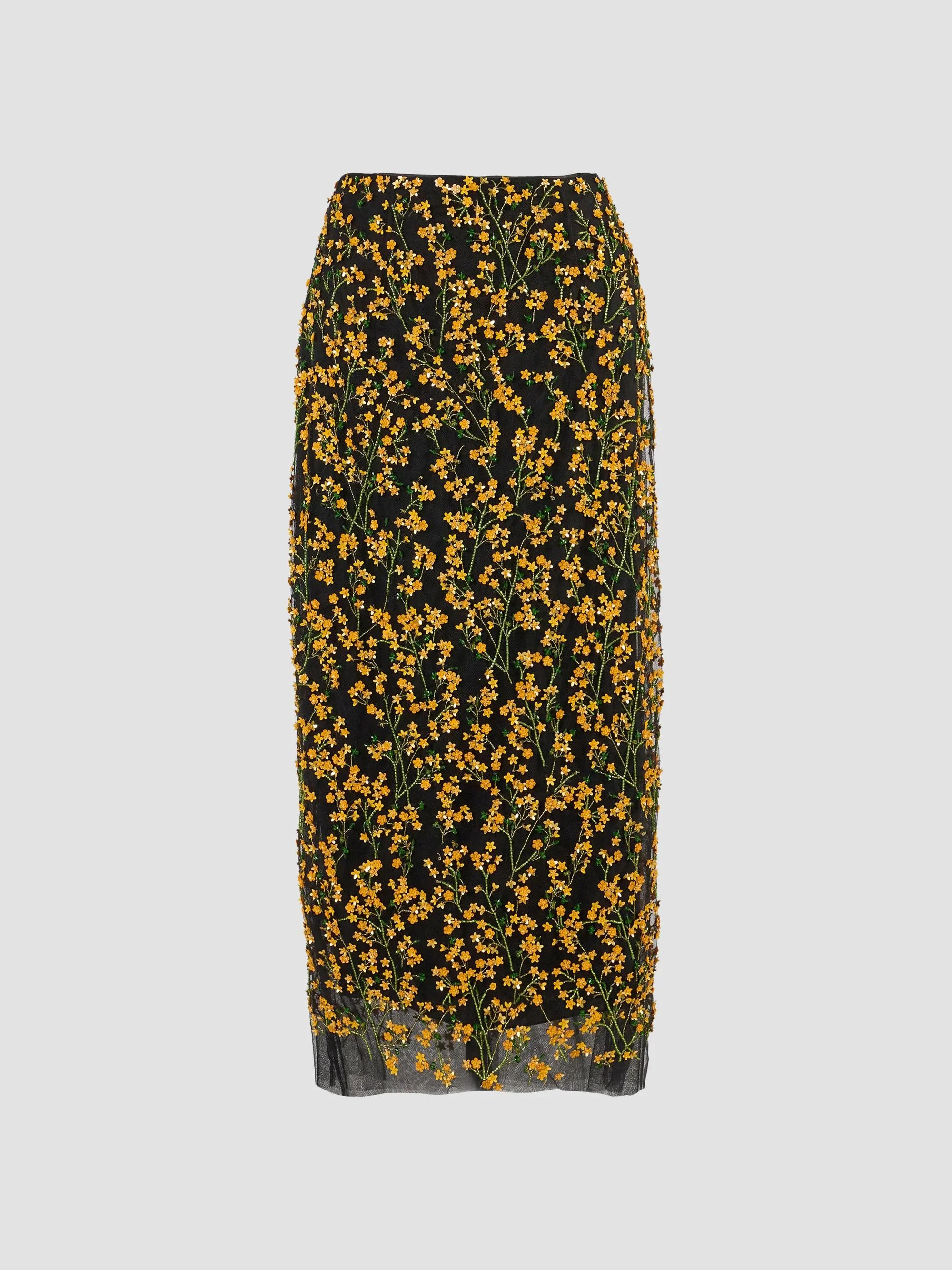 Women's Floral Appliqué Column Midi Skirt - Melon - 1