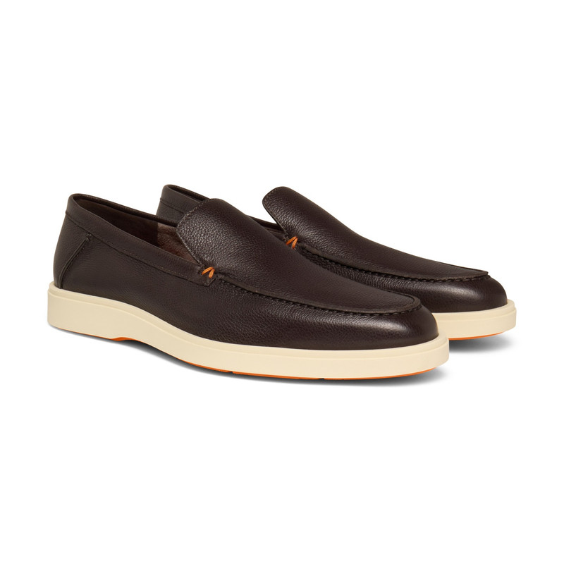 Santoni Men's dark brown tumbled leather loafer outlook