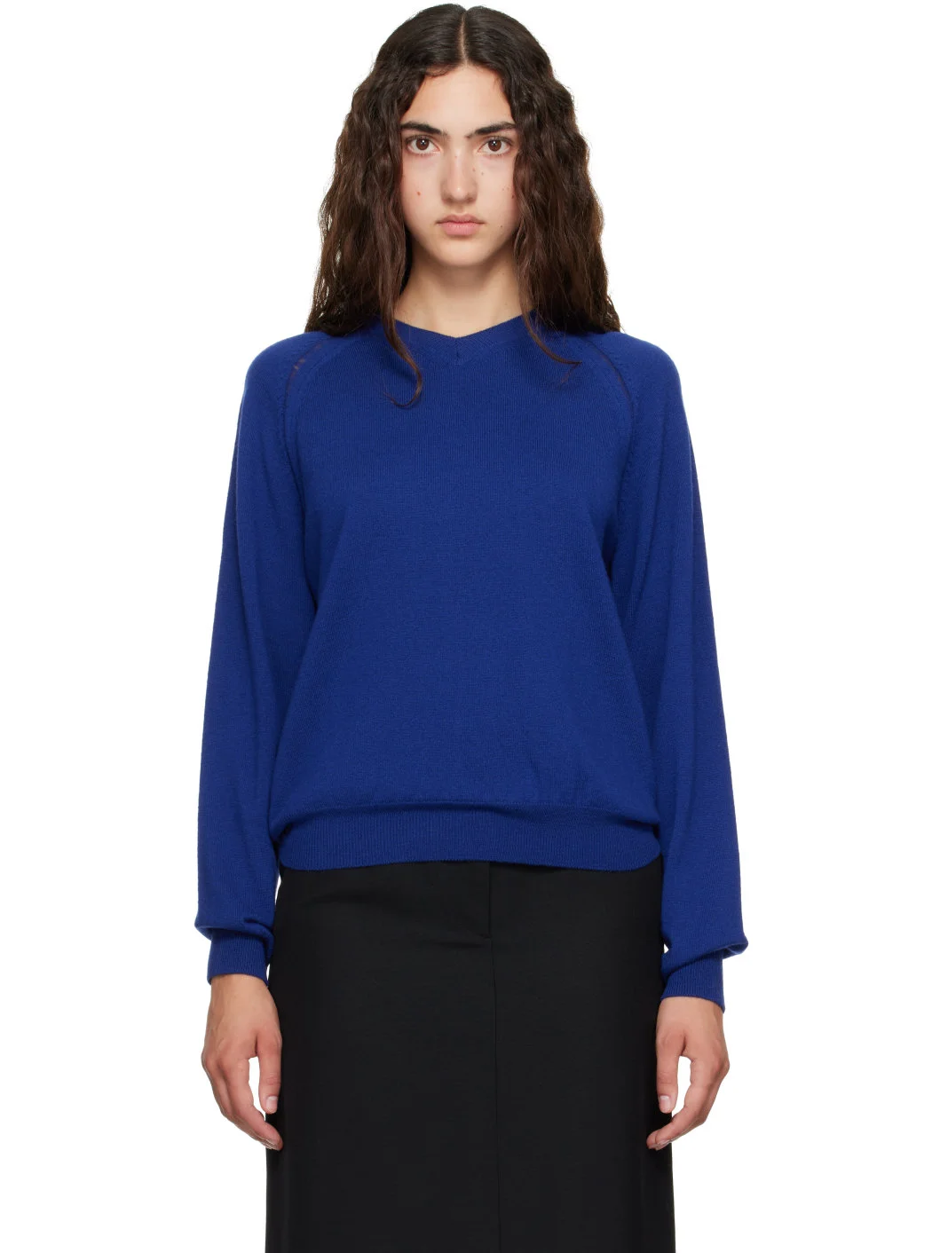 Blue Super Fine Merino Wool Distressed V-Neck Sweater - 1