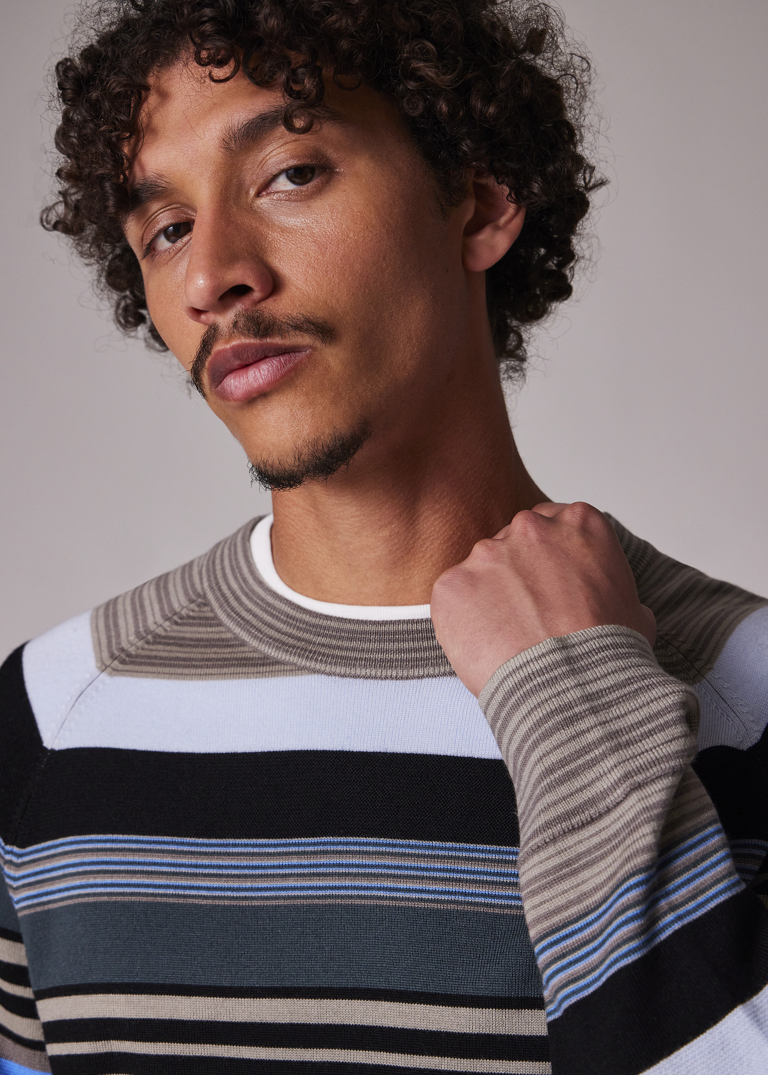 Grey and Blue Contrast Stripe Merino Wool Sweater - 3