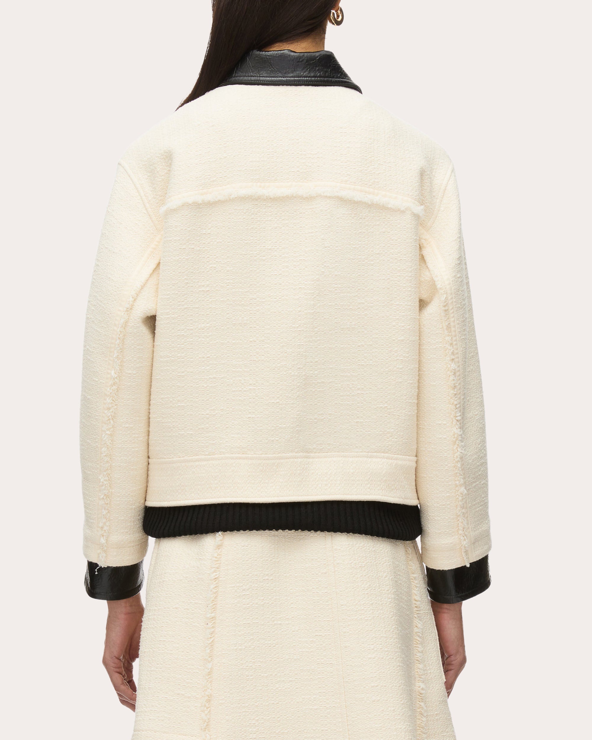 Layered Faux Leather-Trim Tweed Jacket - 2