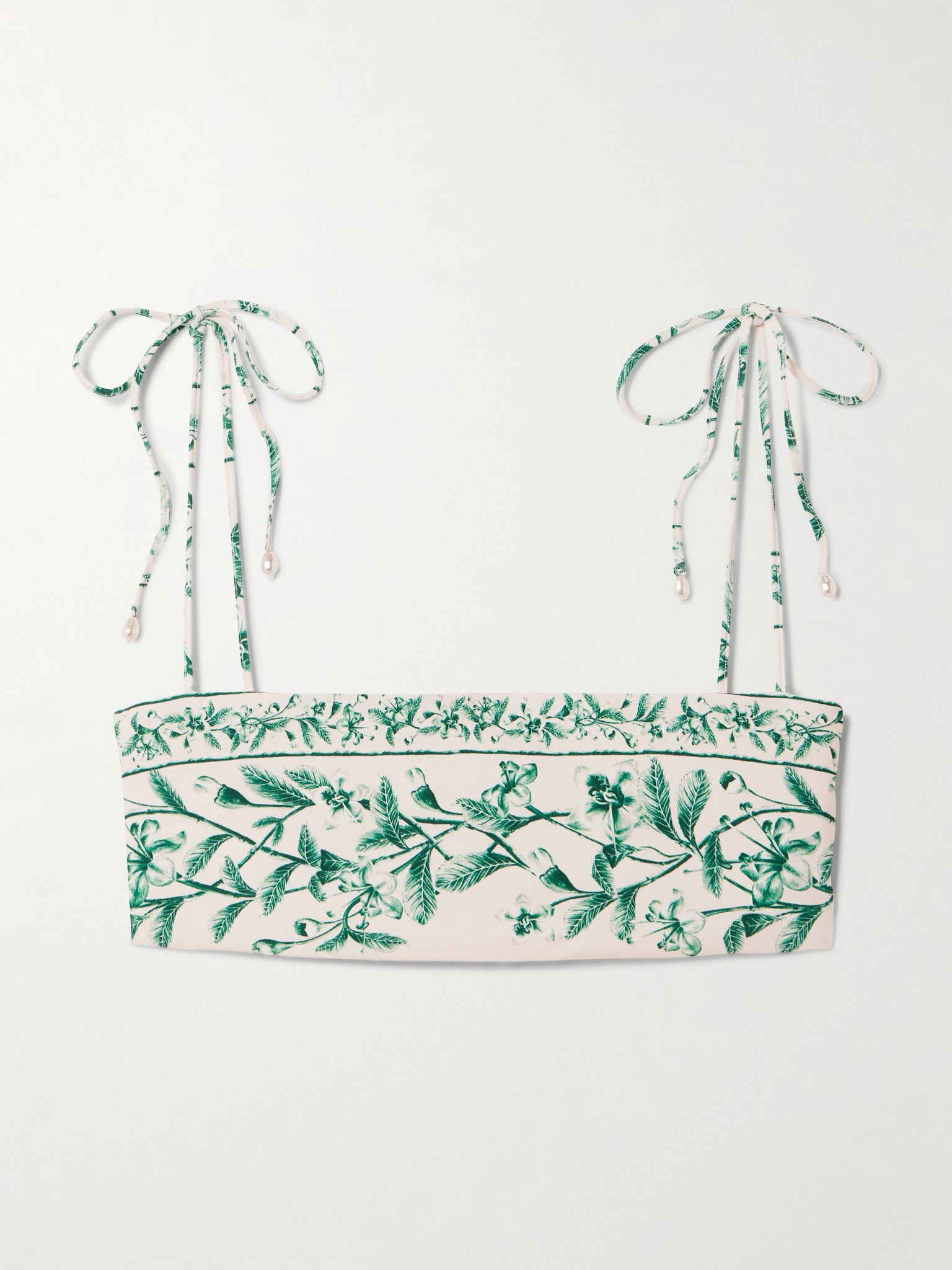 Primavera Ceiba faux pearl-embellished floral-print recycled bikini top Sage green - 1