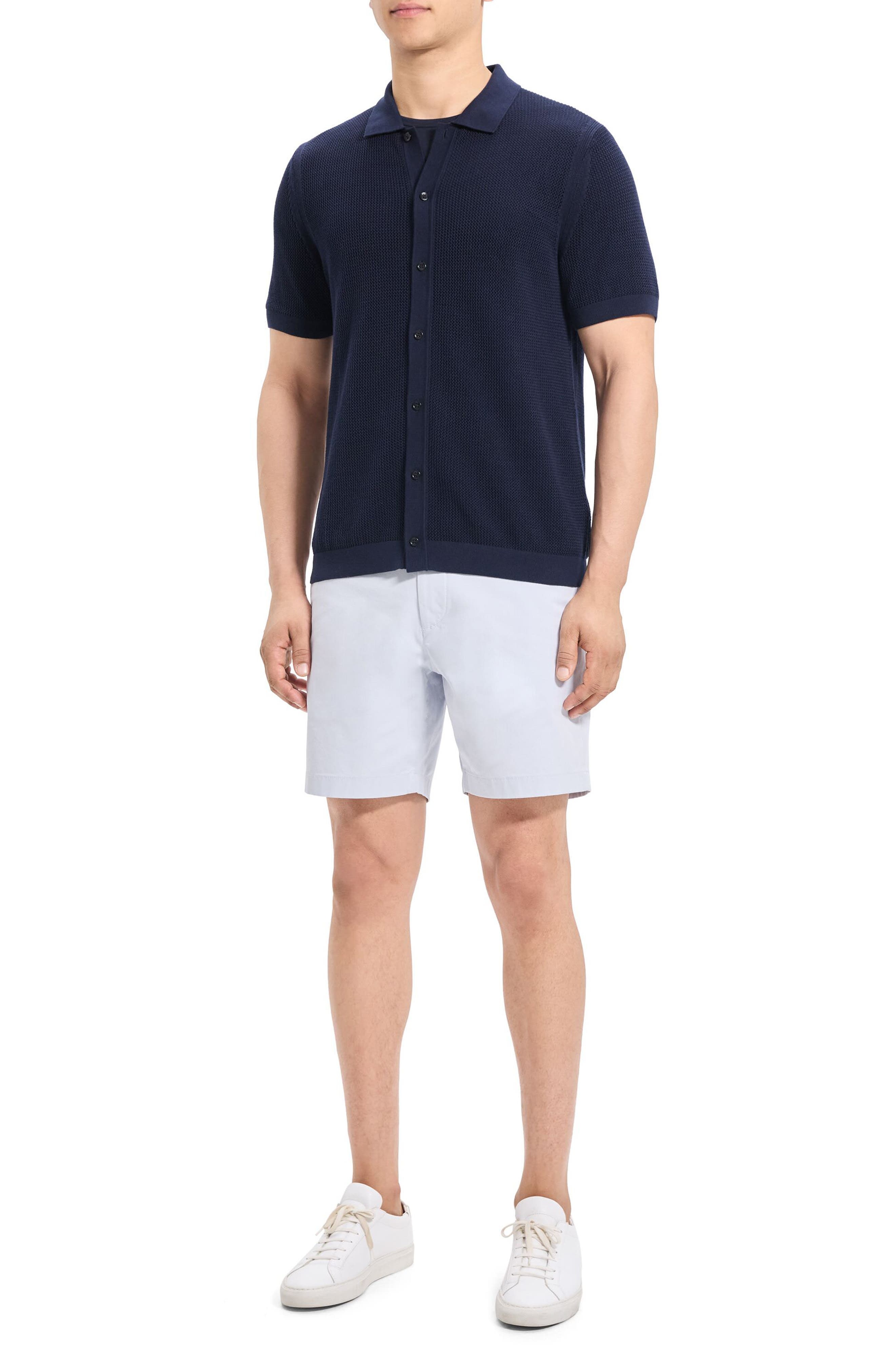 Theory Cairn Short Sleeve Button-Up Cotton Blend Sweater in Baltic at Nordstrom - 5