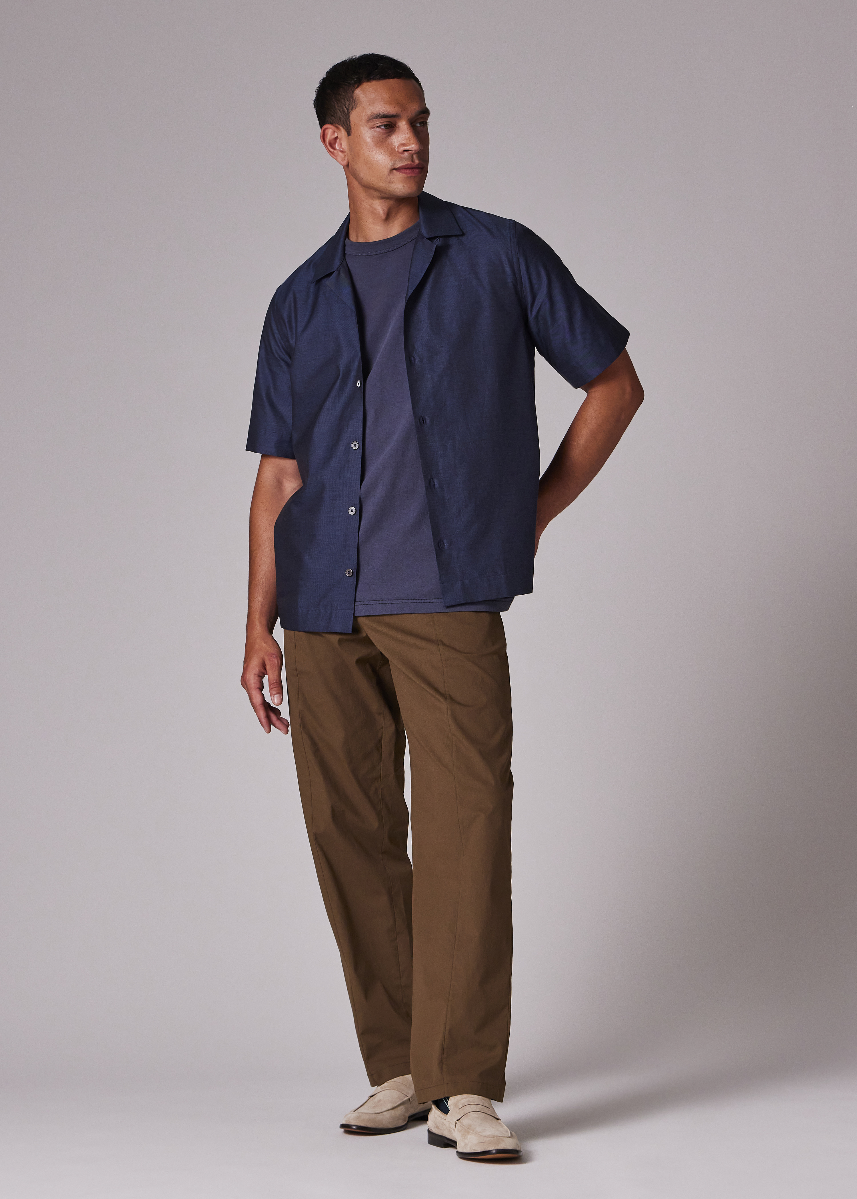 Navy Brushed Cotton-Twill Short-Sleeve Shirt - 7