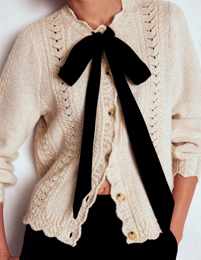 Velvet Bow Cable Cardigan-Gold Sparkle 3