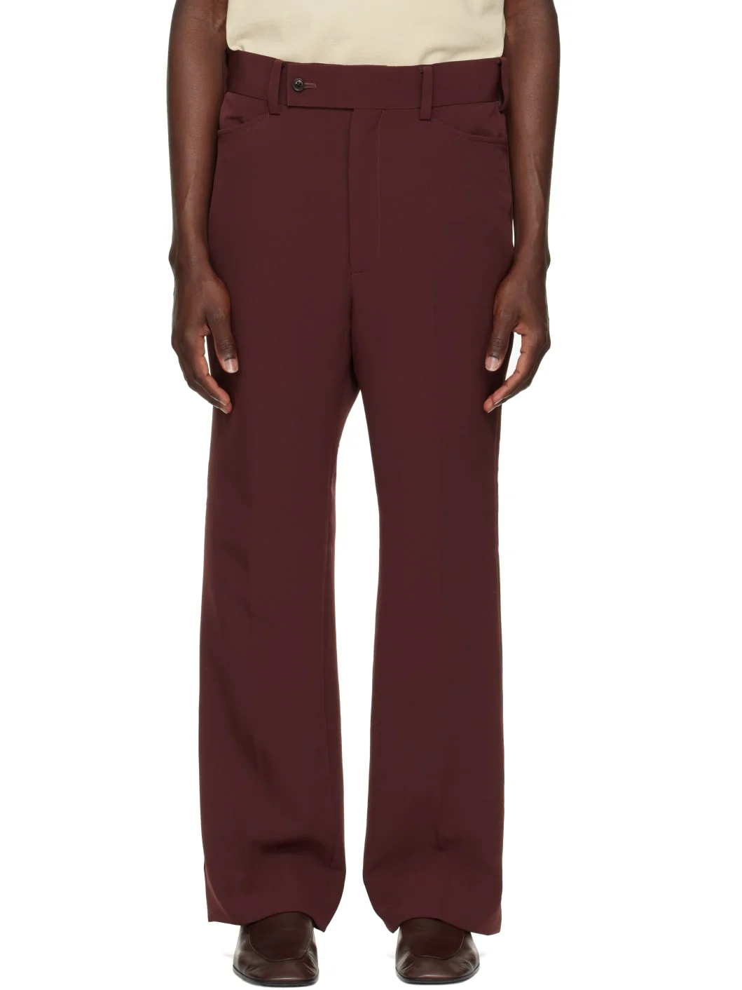 Brown Poly Light Double Cloth Boot-Cut Trousers - 1